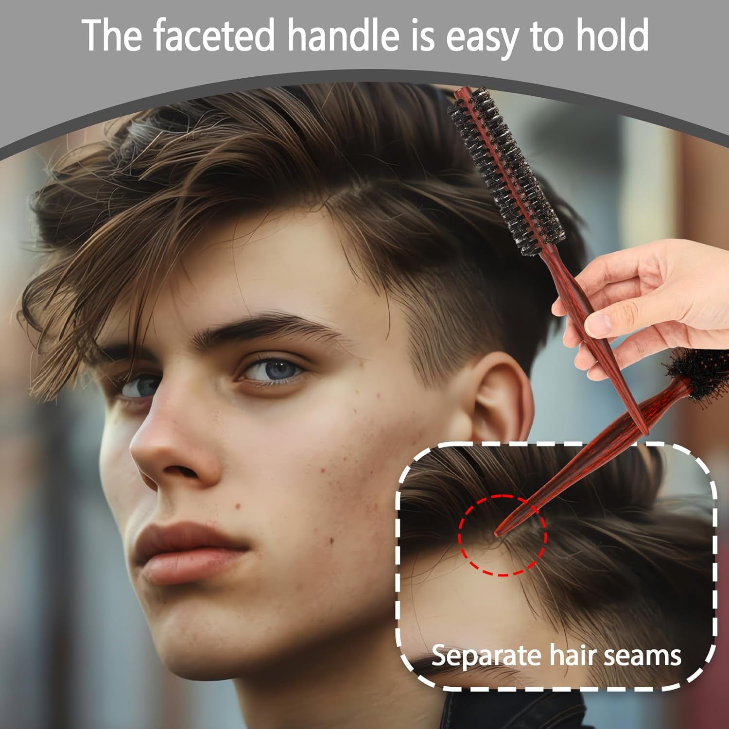 Small round Brush for Short Hair, Mini Natural Soft Boar Bristle Hair Brush Styling Brush Portable Travel Size Circular Hairbrush for Women and Men Smoothing, Detangling, Adding Hair Volume and Shine