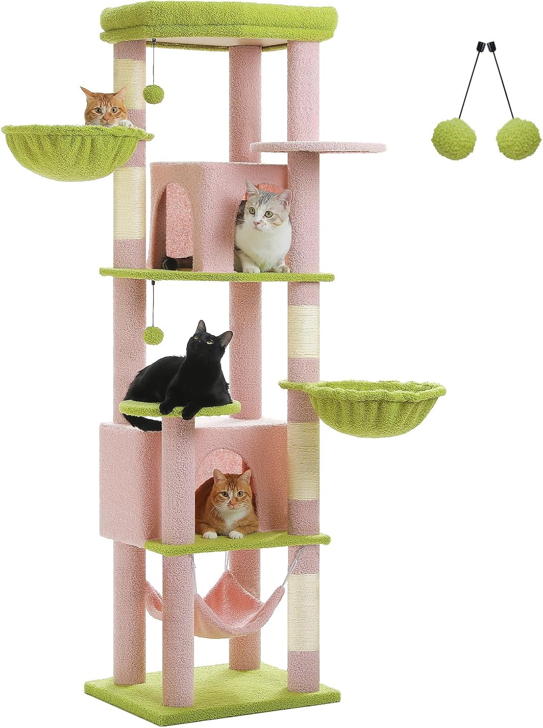 PAWZ Road Cat Tree, 181Cm Cat Tower for Indoor Large Cats, Cat Furniture with 2 Spacious Cat Condo, Large Top Perch,2 Hammock(Dia=35Cm), 2 round Perches,Sisal Covered Scratching Post.Grey