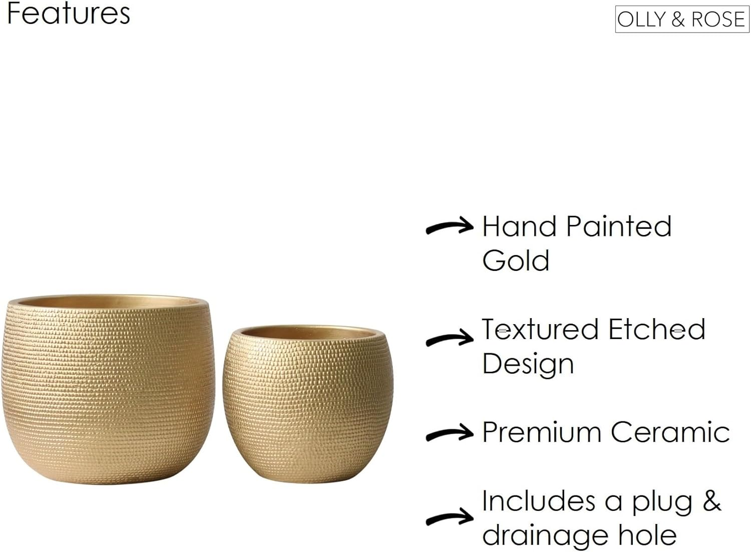 Olly & Rose Barcelona Ceramic Plant Pot Set 2 - Gold Flower Pots - Indoor & Outdoor Planters Home and Garden Decor (Gold) image number 3