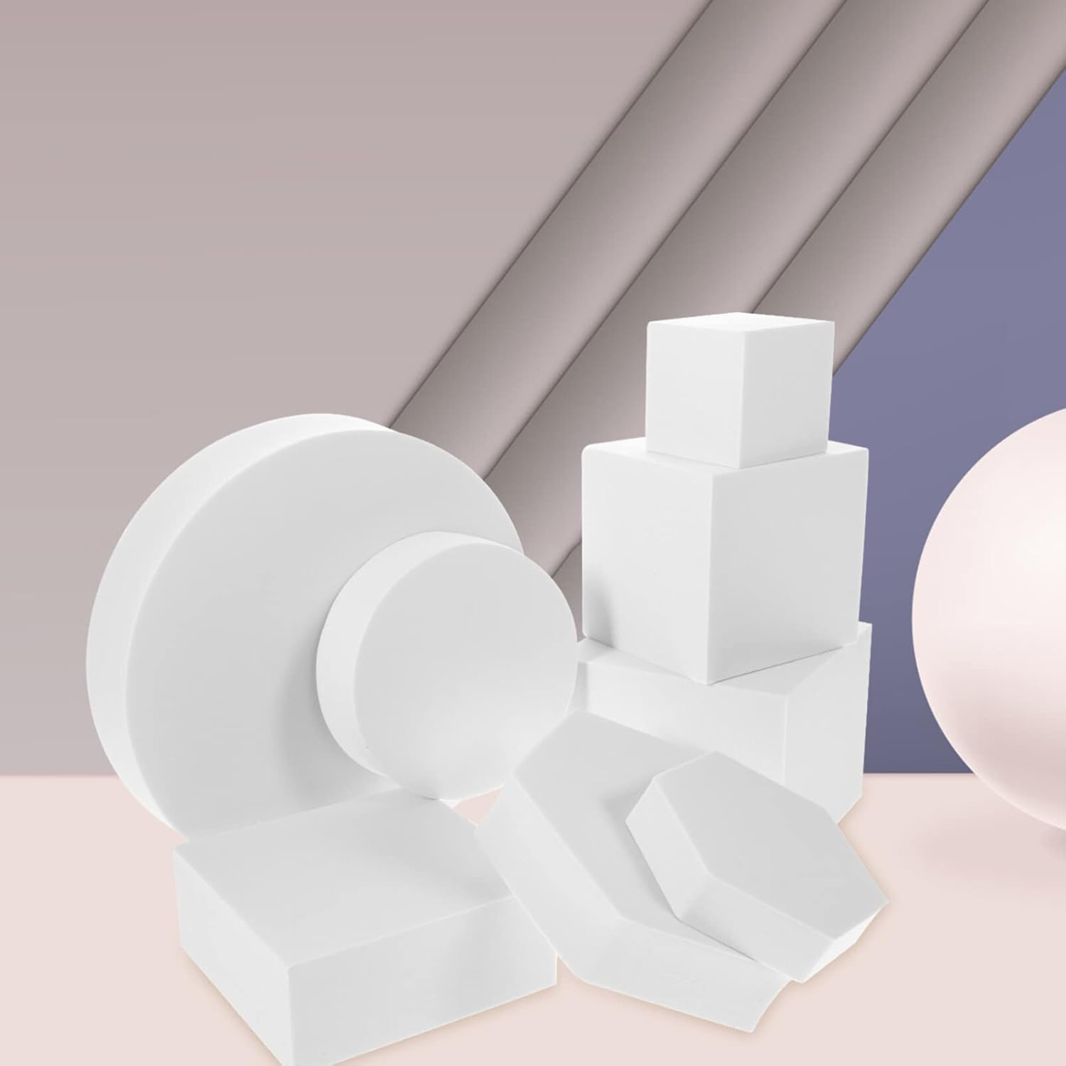 Alipis 8Pcs White Geometric Foam Photo Props for Jewelry, Cosmetics, Product Photography, Display Stands for Photoshoots, Lightweight and Waterproof - Pink image number 4