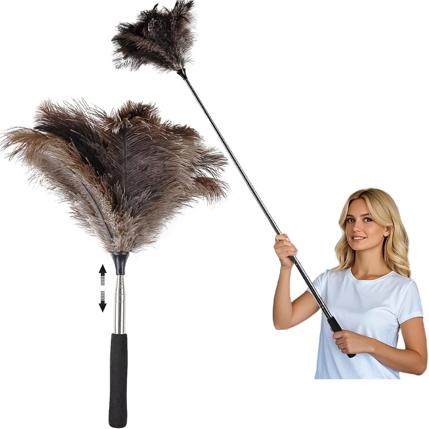 Extendable Ostrich Feather Duster - 40 Inches Fluffy Long Handle Reusable Feather Duster for Cleaning Ceiling Fan,Pendant Lamp, High Ceiling, Blinds, Furniture image number 3