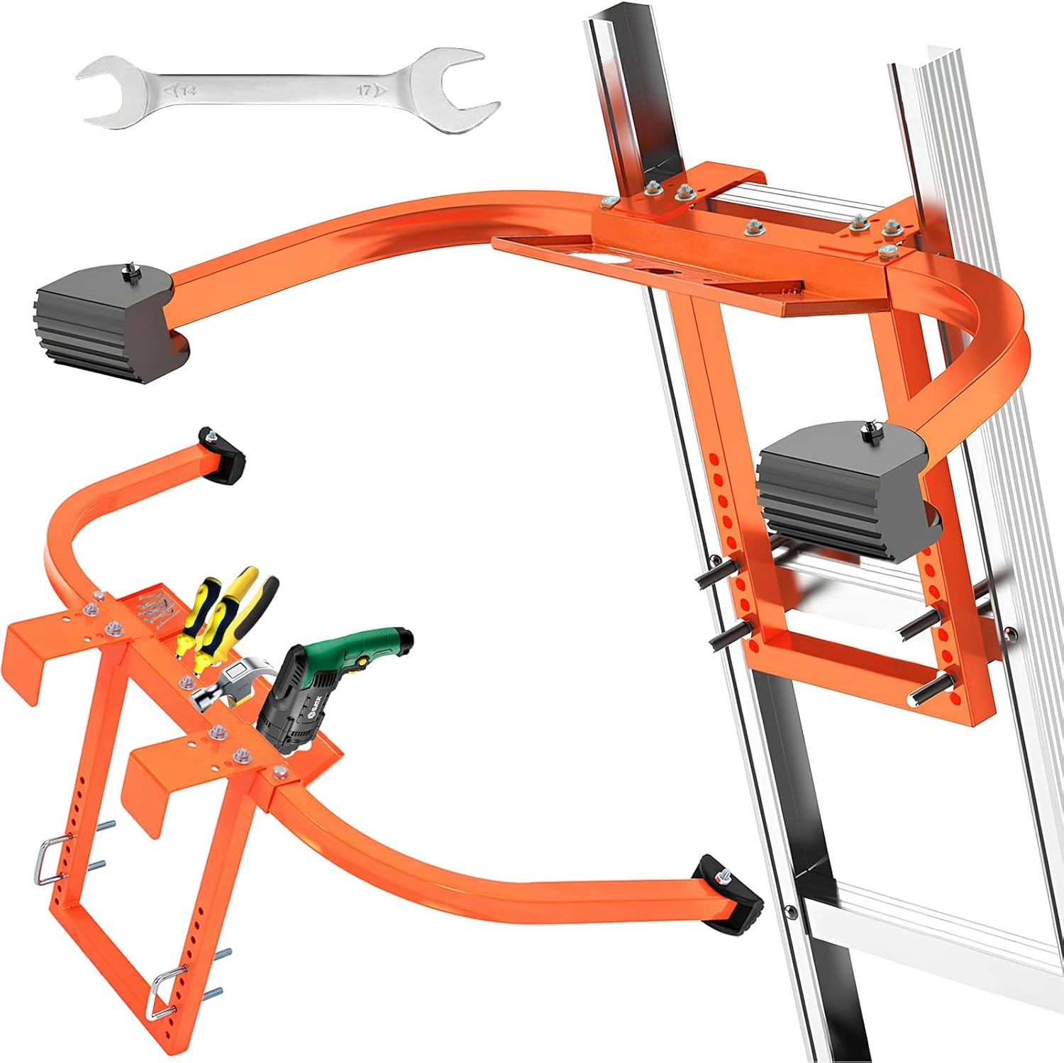 Ladder Stabilizer, Heavy Duty Steel Ladder Roof Hook Ladder Stabilizer with Wing Span/Wall Extension Accessory, Secure and Stable Ladder Standoff Arms for Roof Gutter with Anti-Slip Rubber Feet