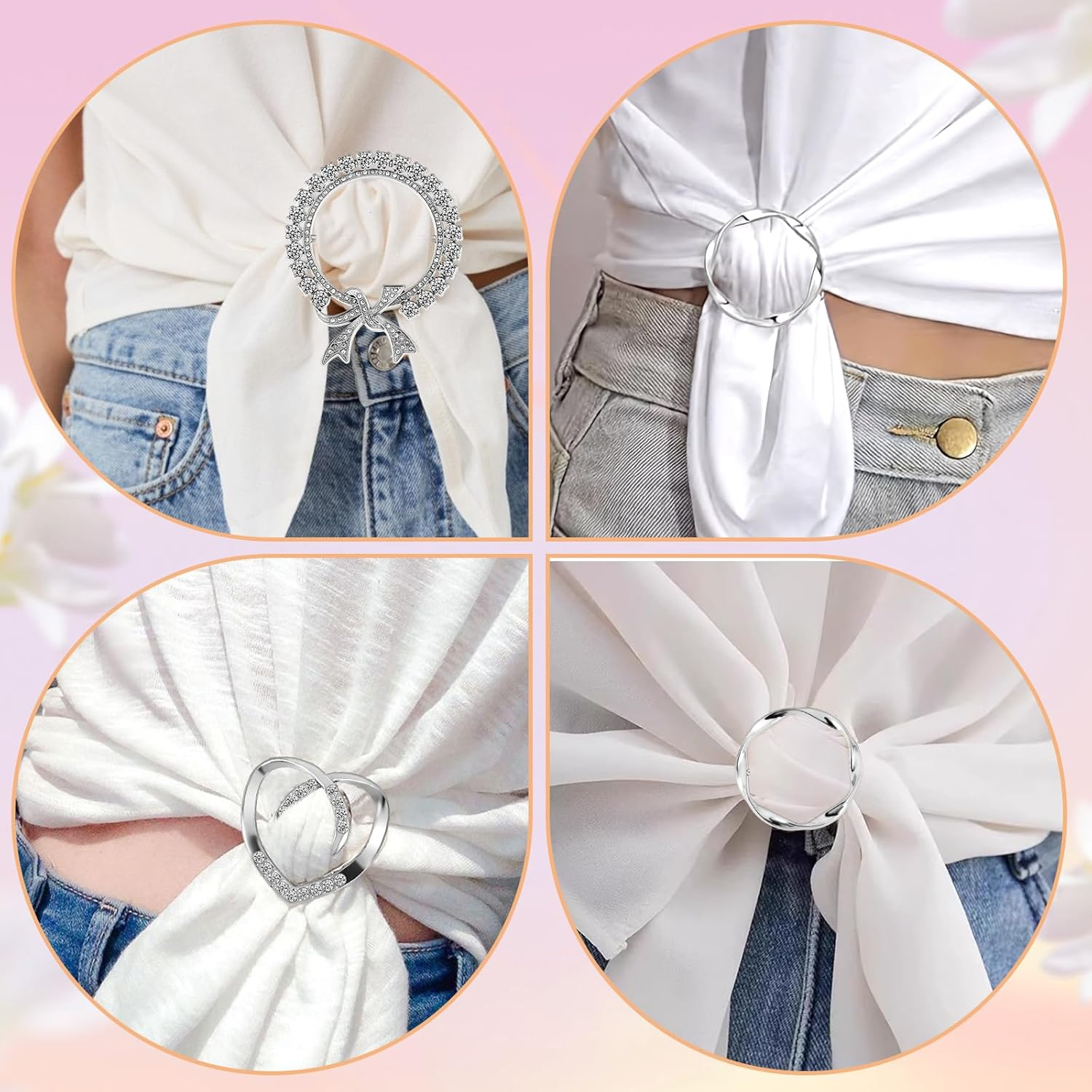 6PCS Silk Scarf Ring Silver Zinc Alloy T-Shirt Tie Clips, Elegant Scarves Waist Cinchers Clasps Rhinestone Clothing Wrap Holder, round Shirt Clips Tightener for Women Loose Tshirt Clothes Scarf image number 6