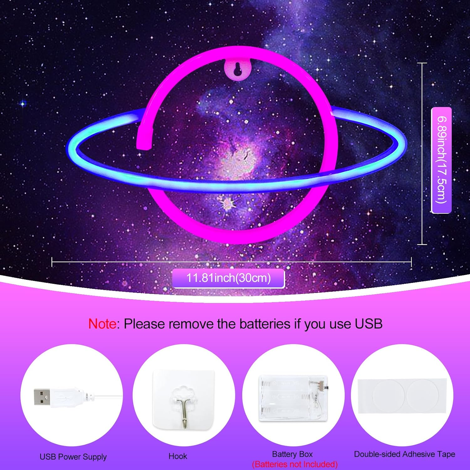 Gpurplebud Planet Neon Sign, Wall Decor Led Lights Home Decoration(Blue&Pink) image number 4