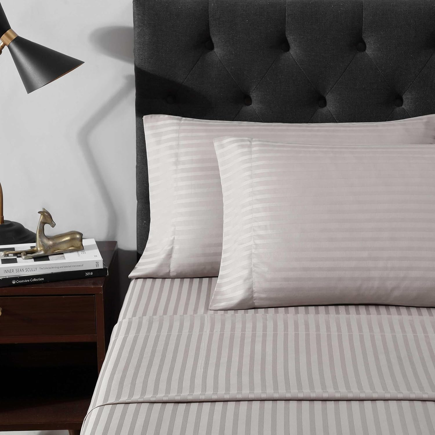 Vera Wang - Queen Sheet Set, Super Soft & Breathable Premium Cotton Bedding with Matching Shams, Fade Resistant, Striped Bedding Set (Dobby Stripe Brown, Queen) image number 6