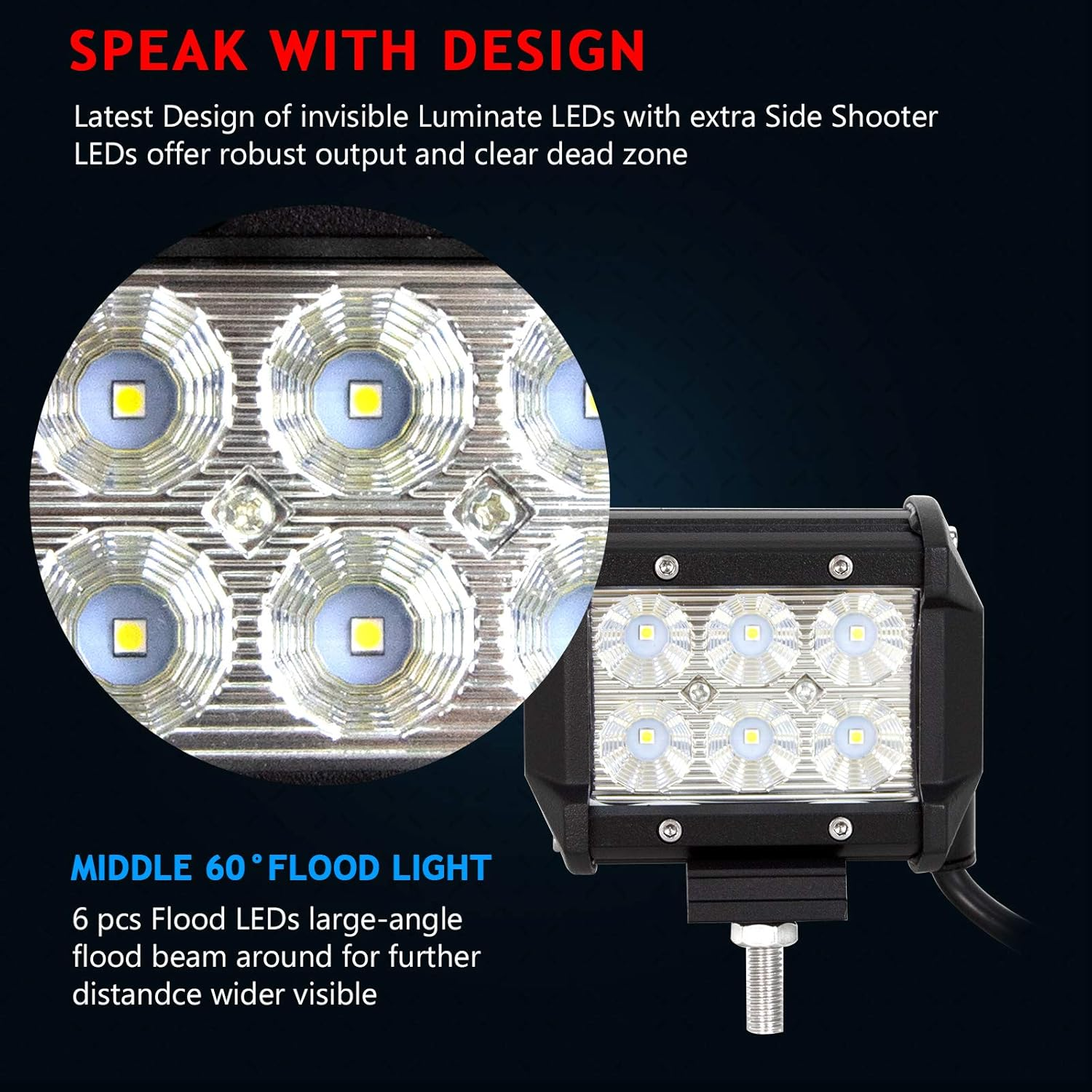 AUXTINGS 4 Inch 18W LED Work Lights Bar Flood Beam Driving Fog Lights Pods for off Road Truck Car ATV SUV Vehicle 4X4(Pack of 2),DC 12V 24V image number 3