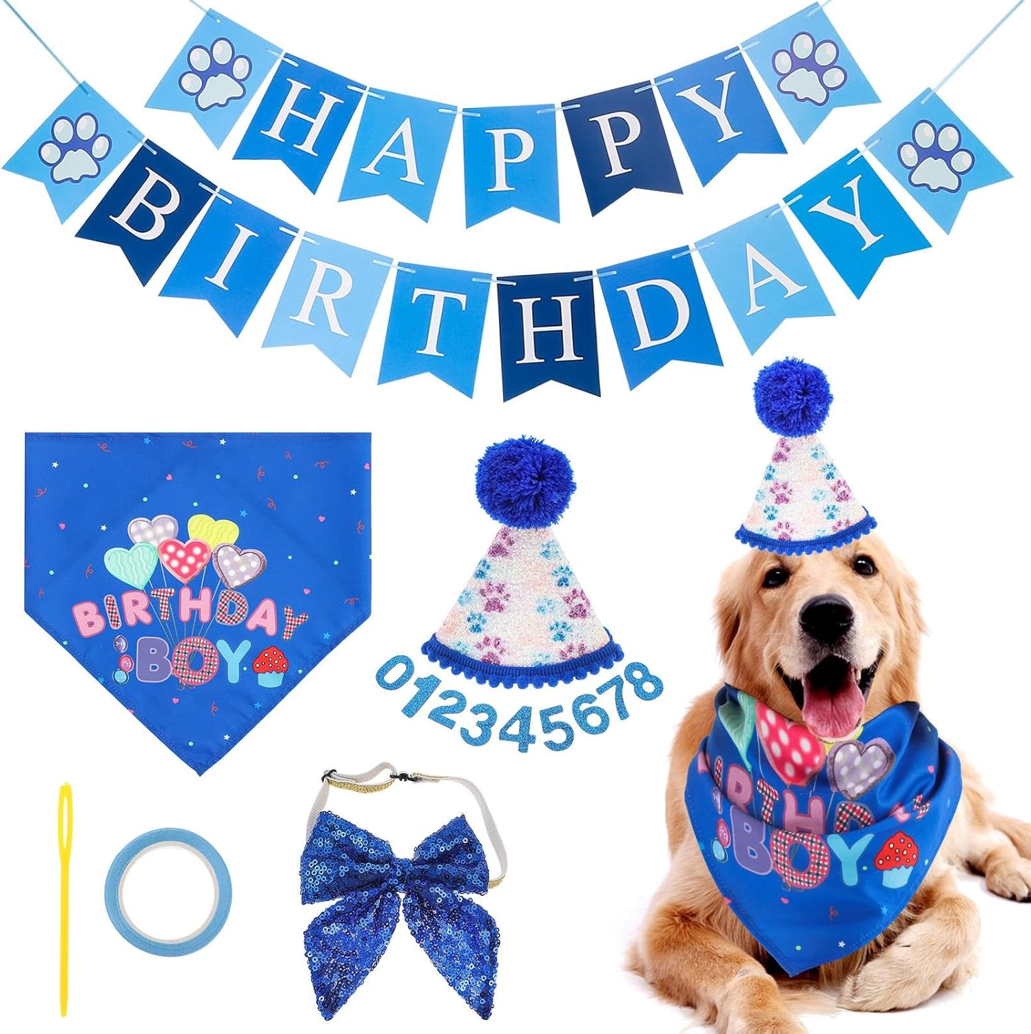 Dog Birthday Decor Sets, Happy Birthday Decoration with Hat Bandana Banner Bow Set, Puppy Cat Rabbit Boys Girls Party Supplies (Dark Blue)