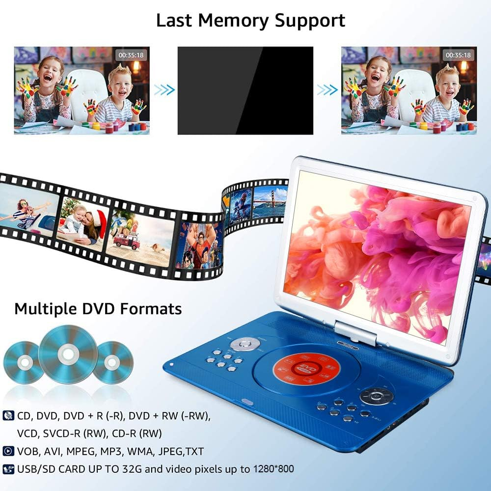 YOOHOO 16.9'' Portable DVD Player with 14.1'' Large Swivel Screen, DVD Player Portable with 6Hrs Rechargeable Battery,Mobile DVD Player for Kids,Sync TV, Support USB SD Card with Car Charger(Blue) image number 1