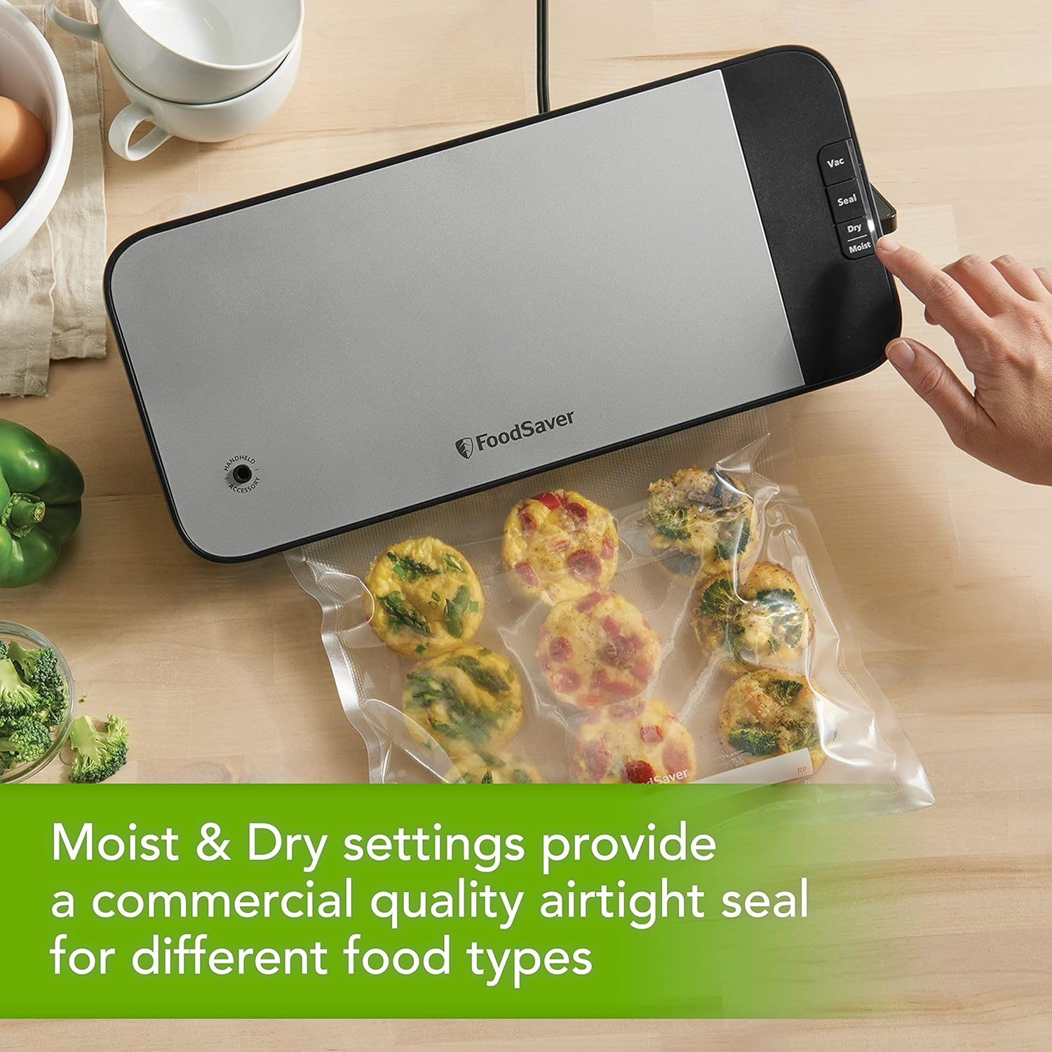 Foodsaver VS2198 Cut and Seal Machine | Sous Vide, Moist, Dry, Marinate, Pulse Settings | Built-In Roll Storage, Cutter | Heat & Handheld Vacuum Sealer, Commercial-Grade Seal, Stainless Steel image number 4