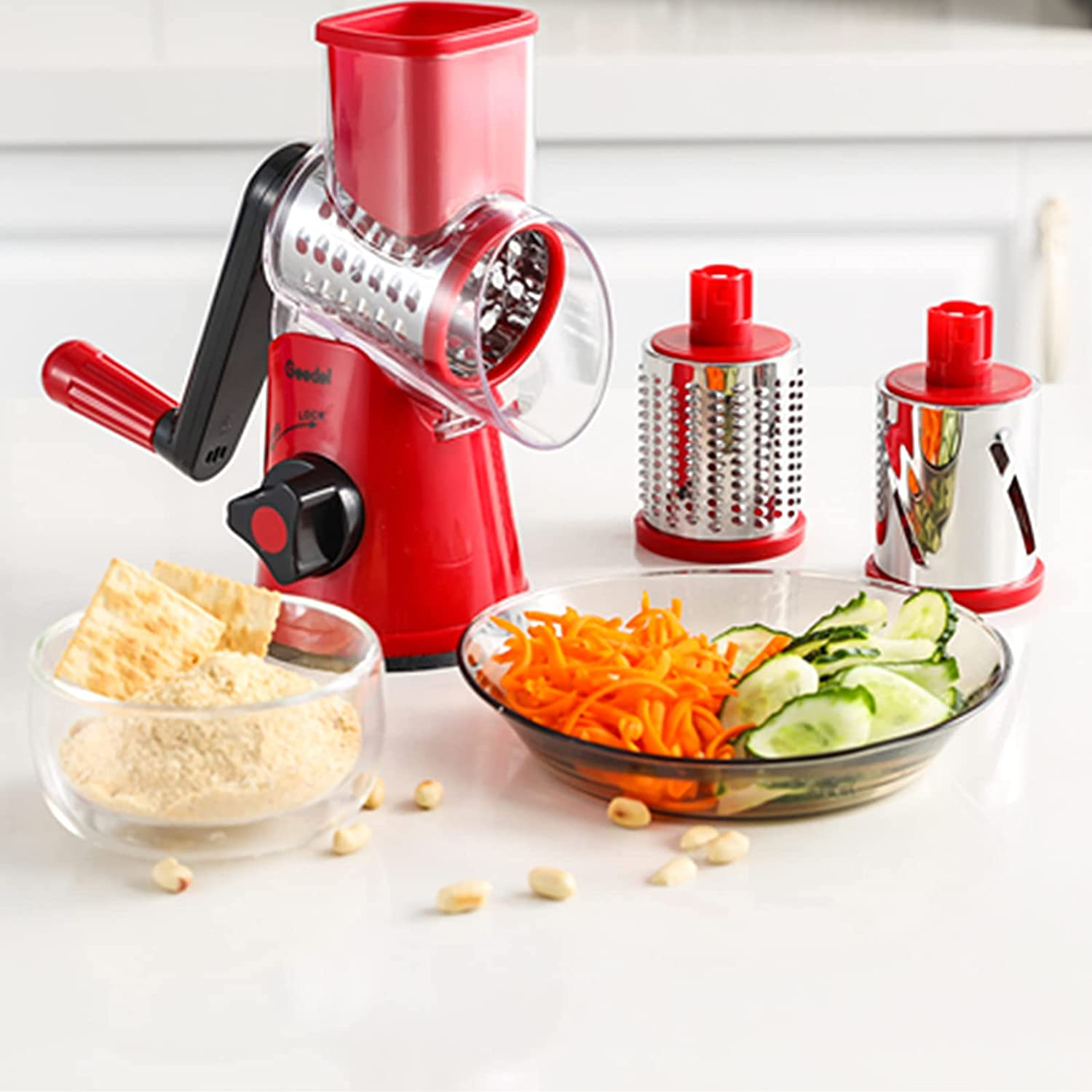 Geedel Rotary Cheese Grater, Kitchen Mandoline Vegetable Slicer with 3 Interchangeable Blades, Easy to Clean Rotary Grater Slicer for Fruit, Vegetables, Nuts image number 3