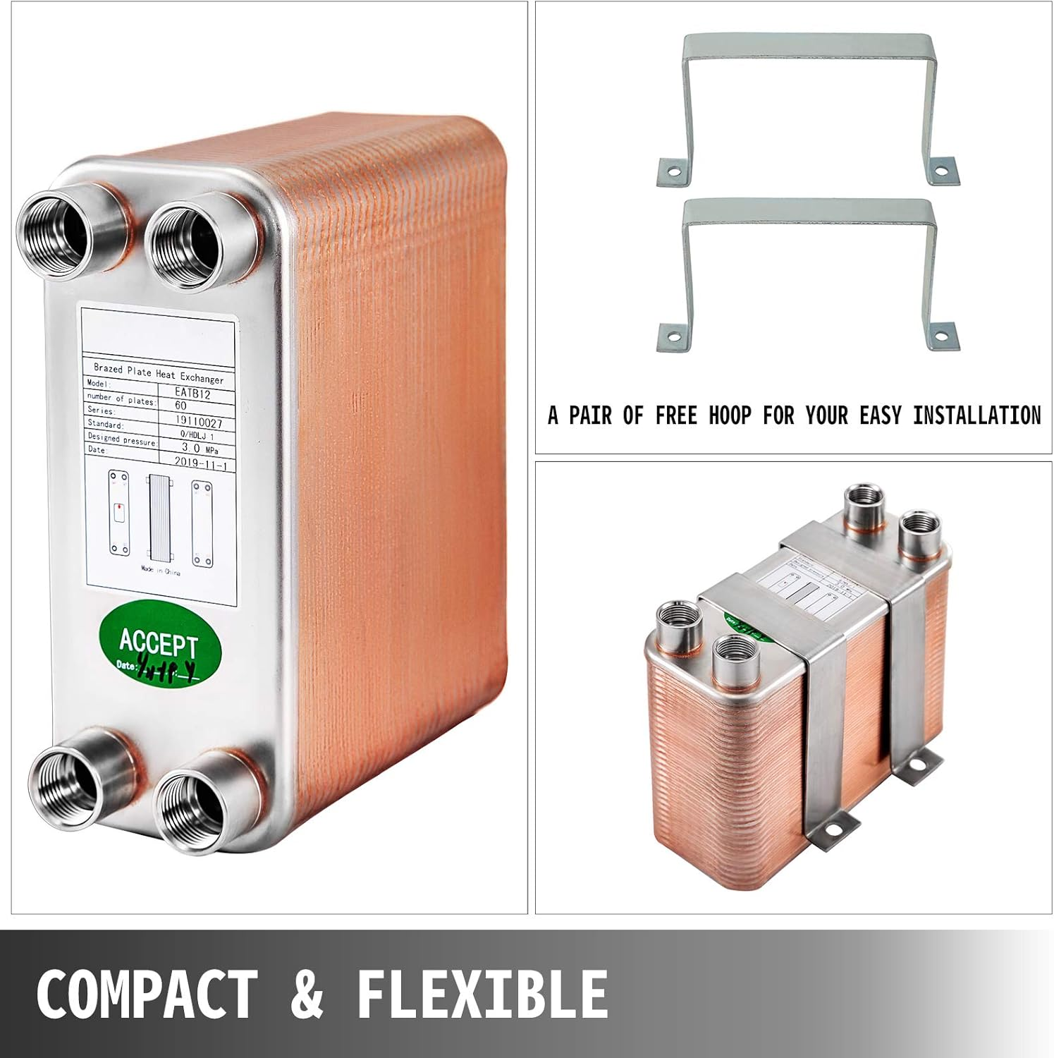 Bestequip Plate Heat Exchanger Stainless Steel B12-60, Heat Exchanger 60, Plate Heat Exchanger 3.0 Mpa, Heat Exchanger Heating image number 1