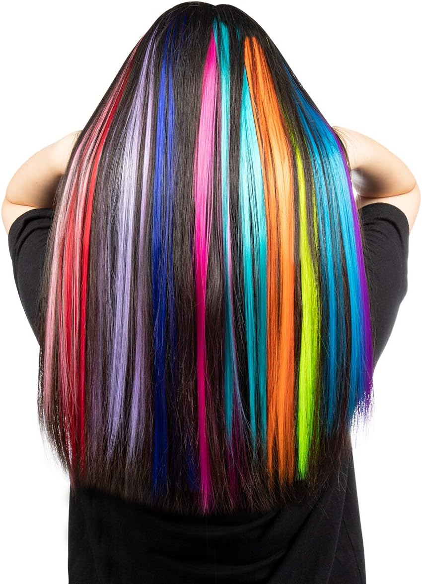 12 Pcs Colored Party Highlights Colorful Clip in Hair Extensions 22 Inch Straight Synthetic Hairpieces for Women Kids Girls, Rainbow image number 3