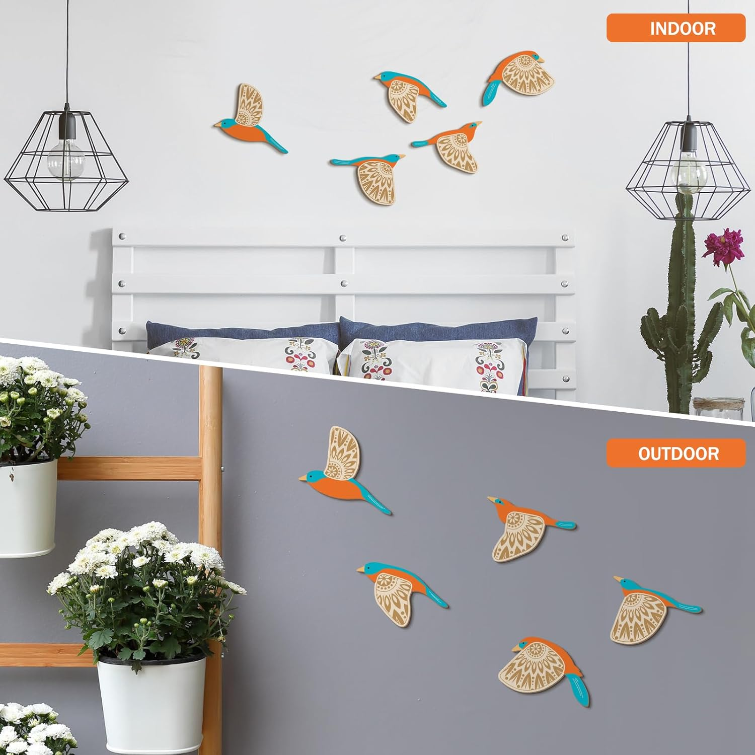 Barydat 5 Pcs Wooden Bird Wall Art Wood Flying Birds Wall Decor Rustic Folk Art Scandinavian Home Decor for Gift Living Room Bedroom Kitchen Office(Teal)