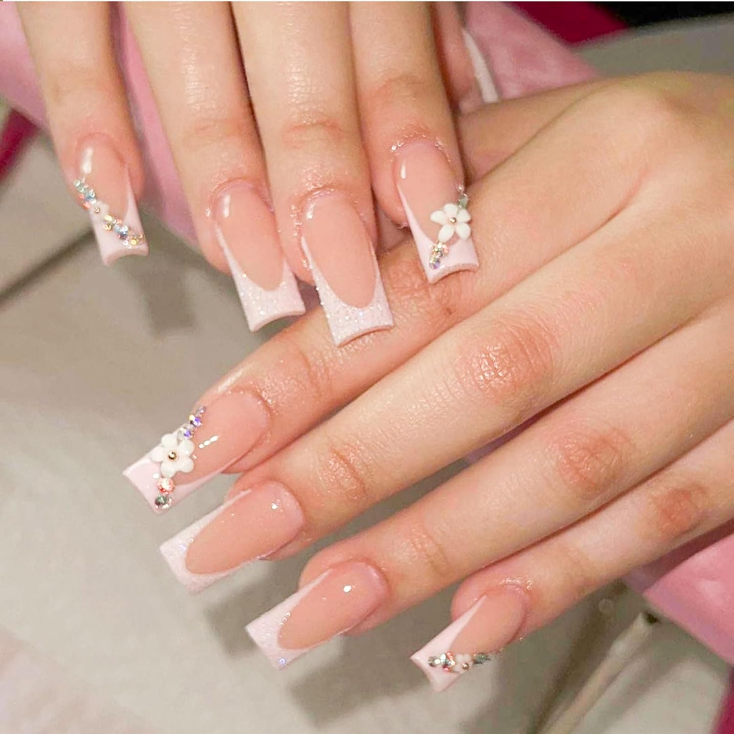 Goiern 24 Pieces Press on Nails Medium Length Rhinestone Pink False Nails Square Glitter Shiny 3D Flower False Nail Tips