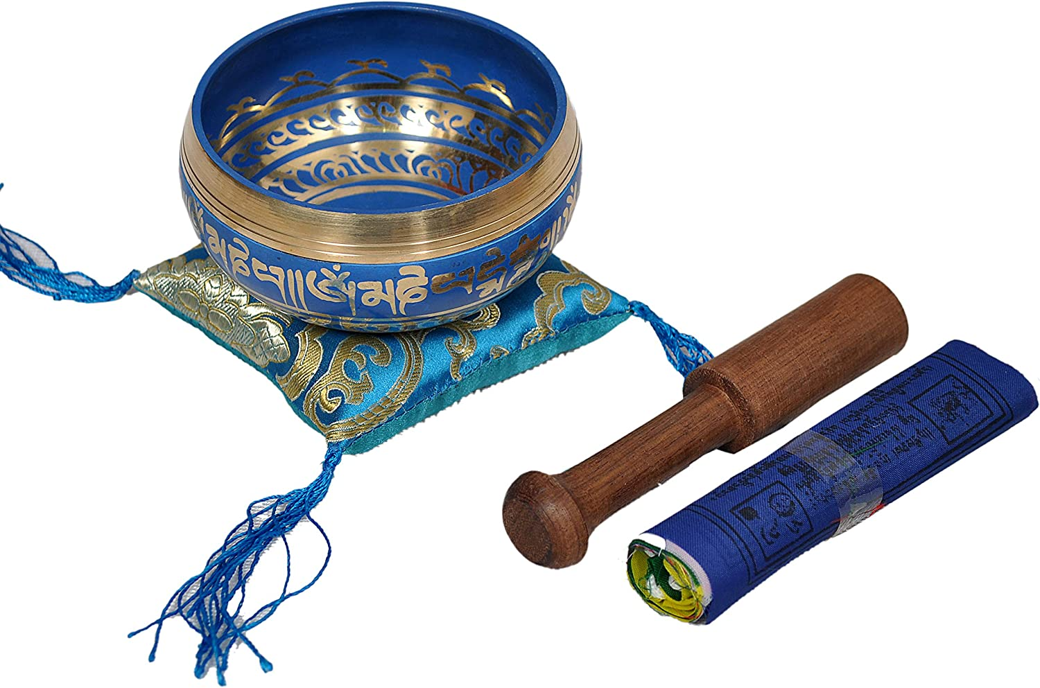 Tibetan Meditation Singing Bowl for Relaxation and Healing - with Traditional Design Tibetan Buddhist Prayer Flags - Handmade in Nepal (Blue)