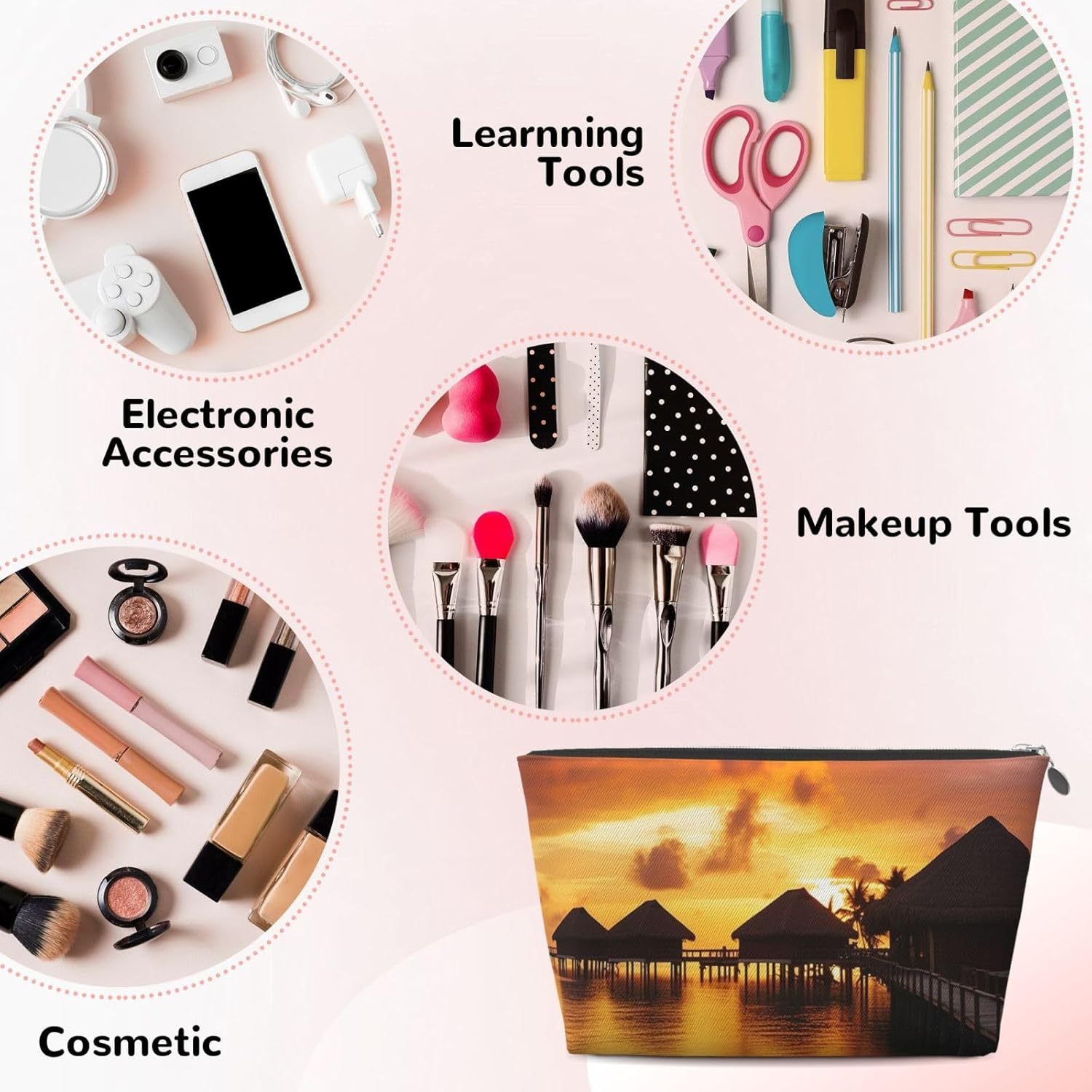 SDTYKHJ Large Capacity Makeup Bag for Women, Waterproof Portable Shaving Bag, Small Toiletry Bag, Tahiti Resort Sunset Leather, Travel Cosmetic Organizer Bags, Siliver, One Size image number 1