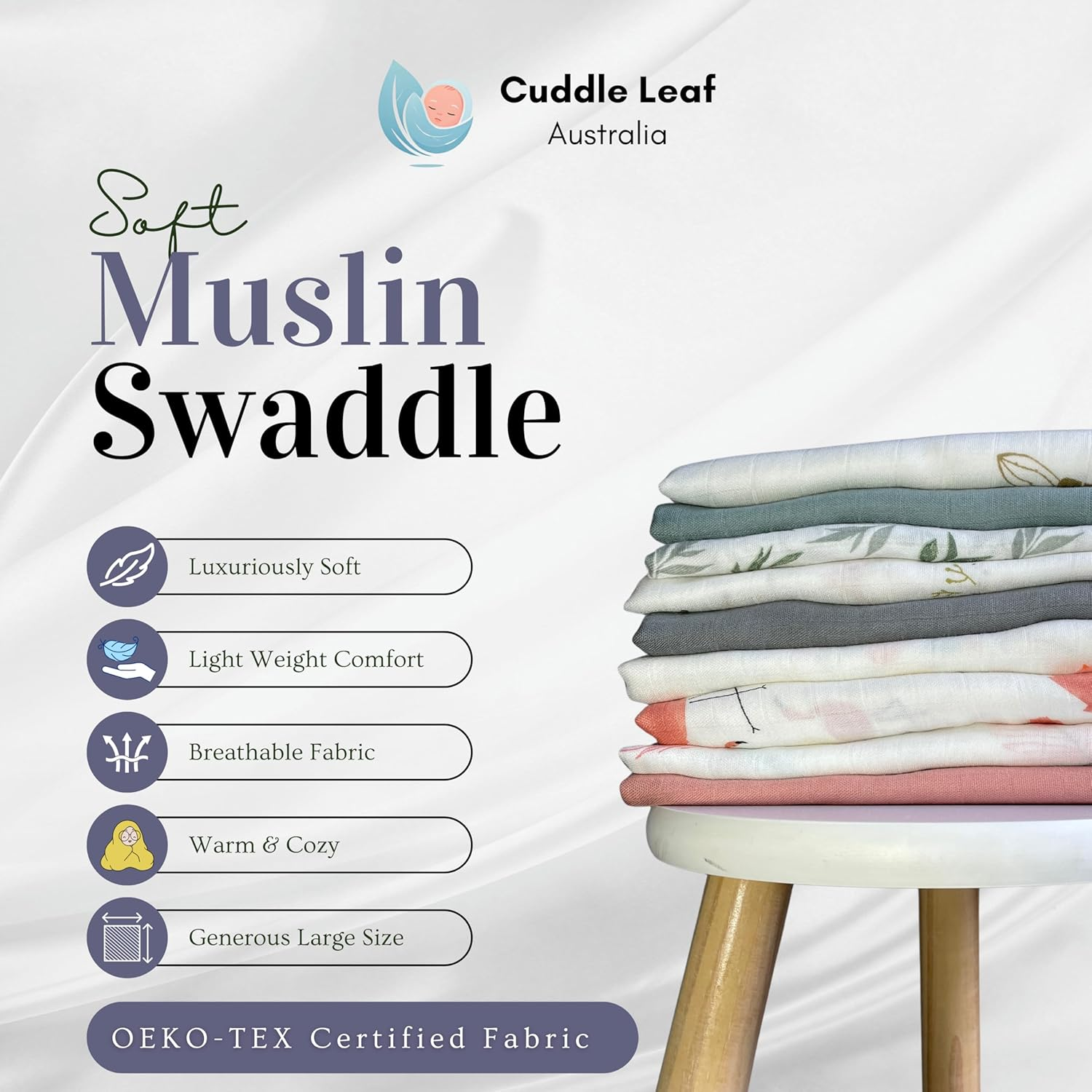 Muslin Baby Swaddle Blanket/Wrap Set &ndash; 70% Bamboo & 30% Cotton &ndash; Soft, Lightweight, Breathable &ndash; Oeko-Tex Certified &ndash; 3-Pack &ndash; 120X110 Cm (Garden Whisper) image number 3