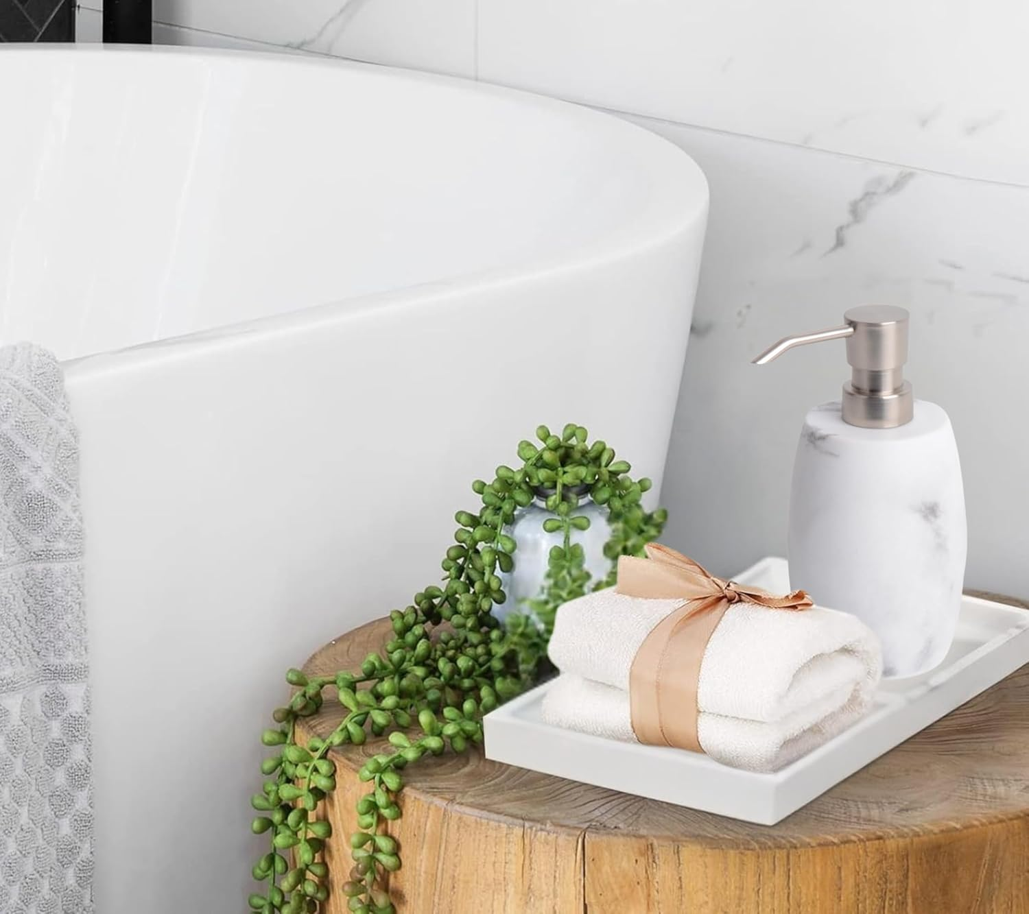 Sandstone Soap Dispenser, 350 Ml Resin Refillable Bottle with Metallic Pump & Waterproof Labels &ndash; White Marble, 2-Pack for Bathroom, Kitchen, Hand Wash & Dish Soap - White_2 Pcs image number 6