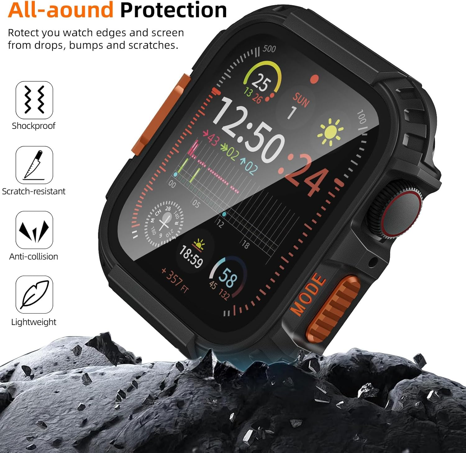 Zumyzu Rugged Waterproof Case for Apple Watch 44Mm Series 6 5 4 SE with Tempered Glass Screen Protector, Hard PC Bumper Protective Cover for Iwatch 44Mm Black Gray image number 4