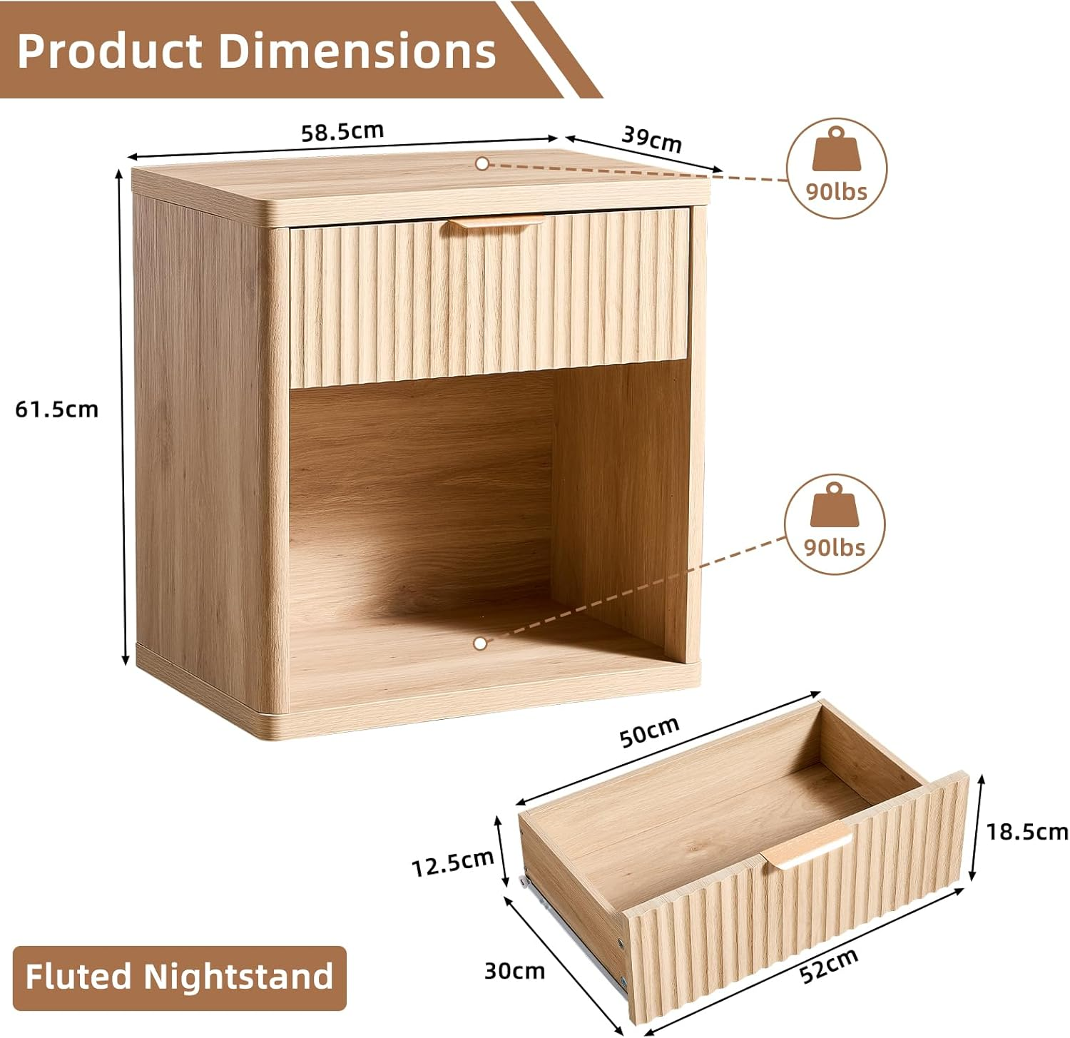 LELELINKY 58 X 39 Cm Fluted Bedside Table with 1 Drawer,Farmhouse Natural Bed Side Tables Storage Chest of Drawers with Open Shelf,Wood Nightstand Cabinet with Metal Handles for Bedroom,Living Room image number 6