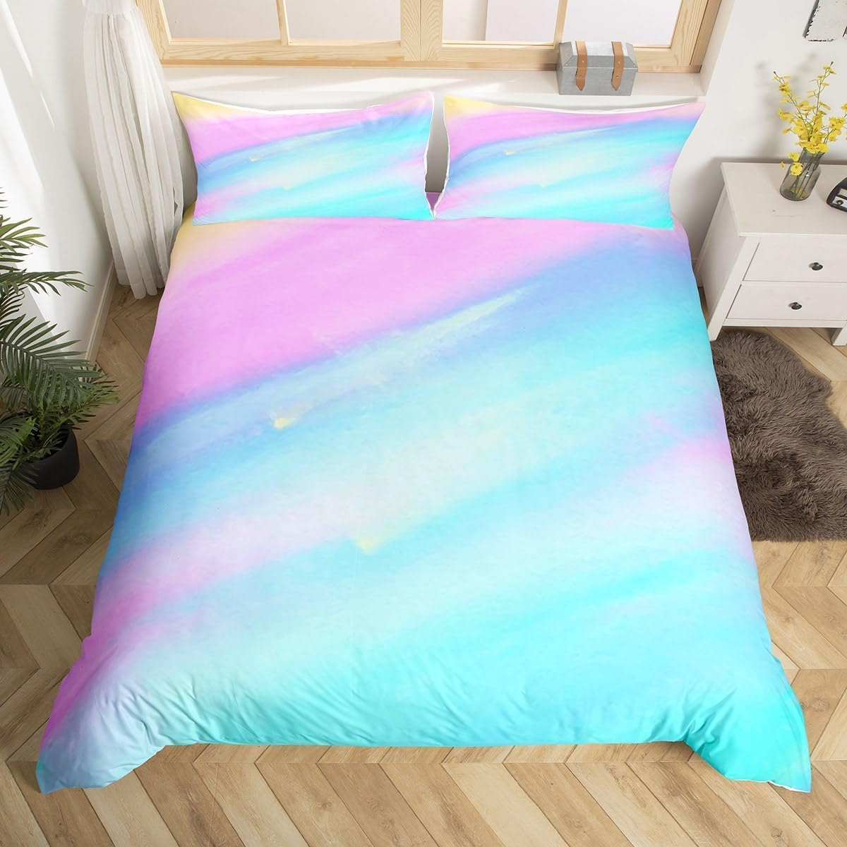 Feelingyou Watercolour Rainbow Comforter Duvet Cover 135 X 200 Cm, Pastel Tie Dye Design Bedding Set, Modern Fashion Colourful Duvet Cover for Girls Women Bedroom Decorations, Multicoloured