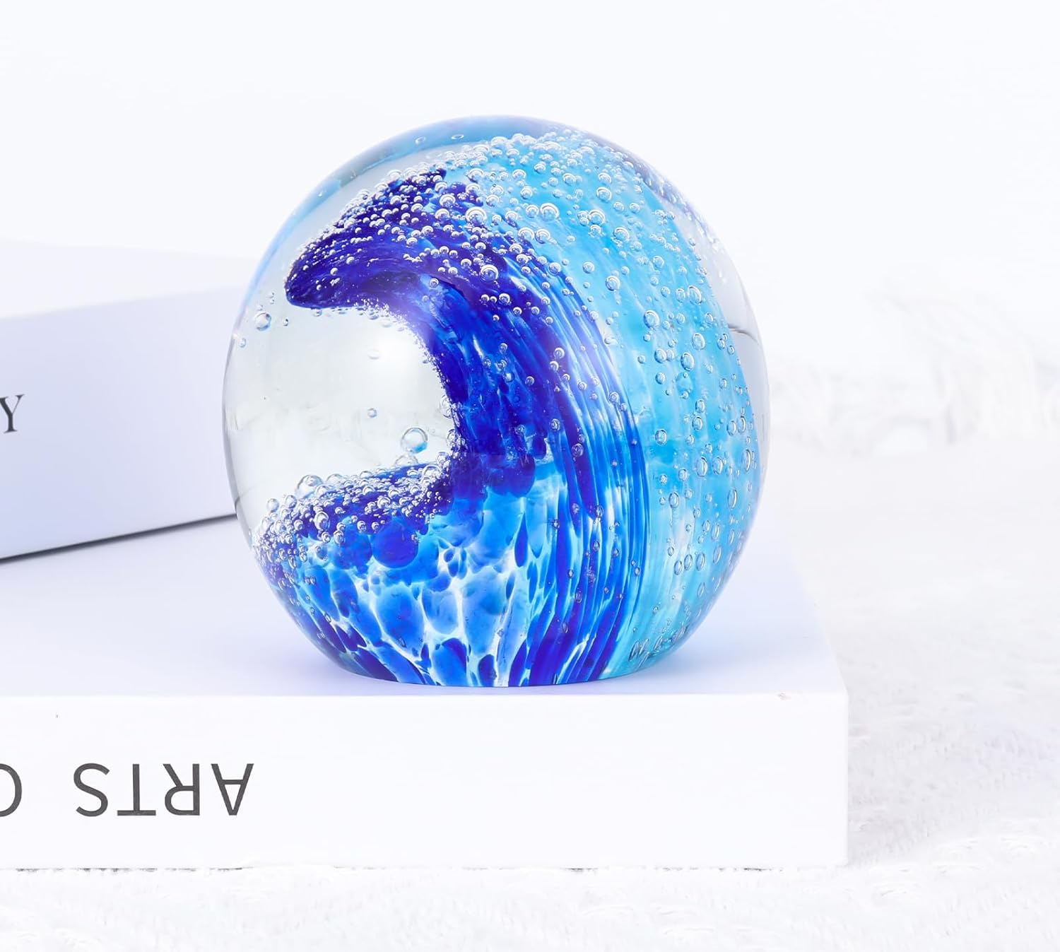 Hand Blown Glass Ocean Waves Glass Ball Beach Office Decor, Blue Glass Paperweight Ideal Beach Decorations for Home, Suitability Seaside Villa Aquarium Ocean Lover'S Gift