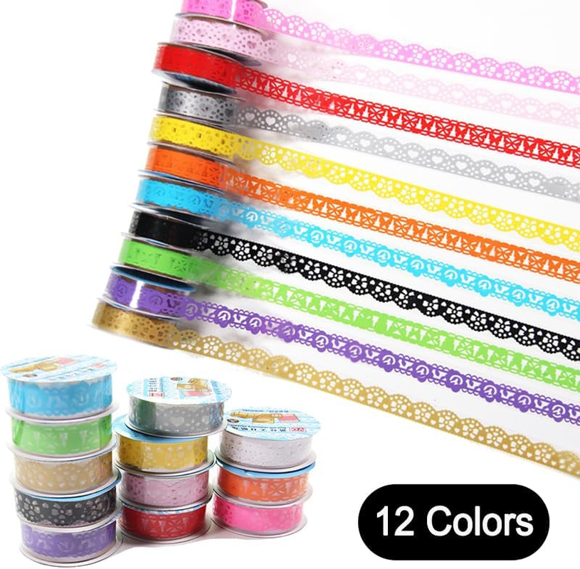 12 Rolls Lace Adhesive Tape Washi Tape Lace Flower Pattern Bling Sticker,Lace Pattern Colorful Sticky Pape for DIY Decorative Craft Gift Wrapping (Mixed Color) image number 5