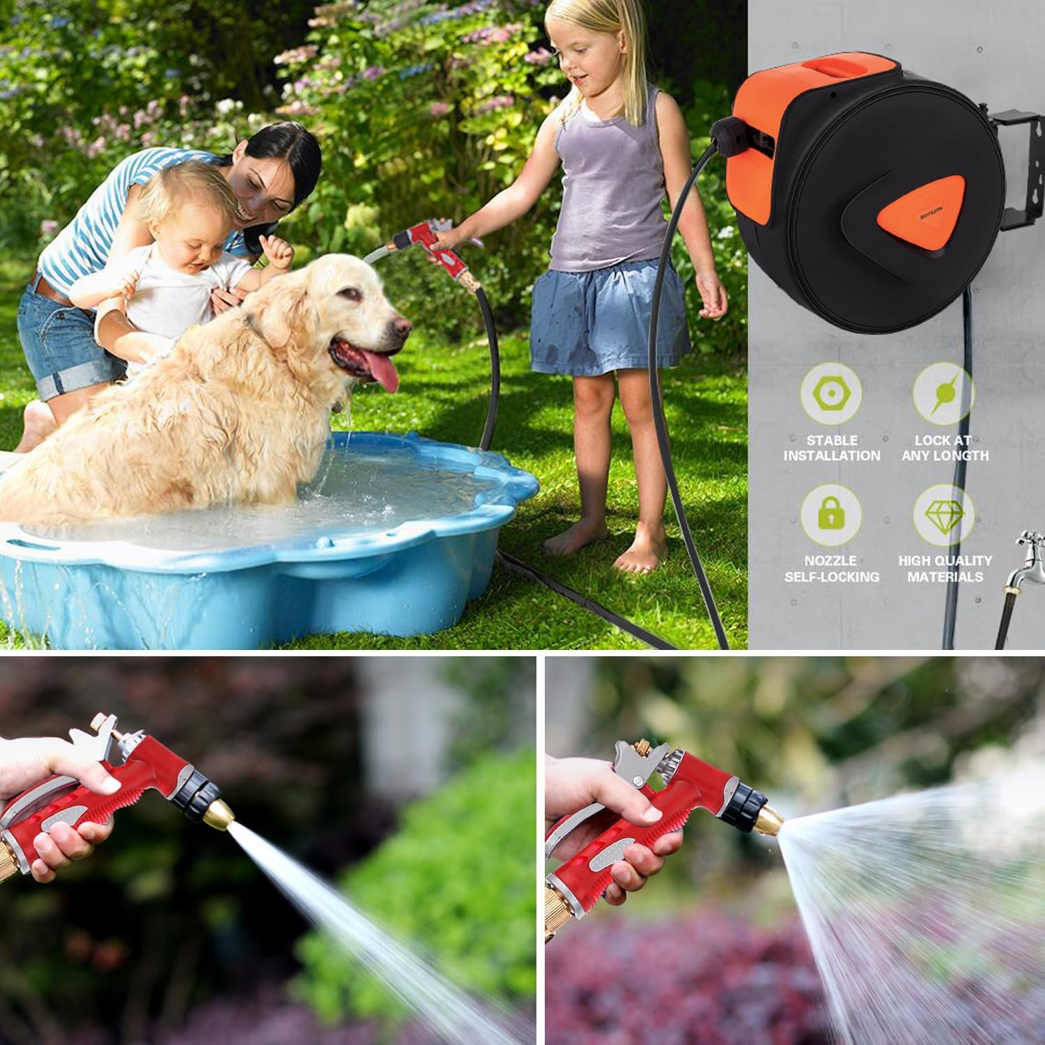 30M Retractable Garden Hose Reel, Heavy Duty Wall Mounted Water Hose Reel with High-Pressure Brass Spray Nozzle, Any Length Lock, Auto-Rewind, 180&deg; Swivel Bracket, for Watering and Cleaning image number 4