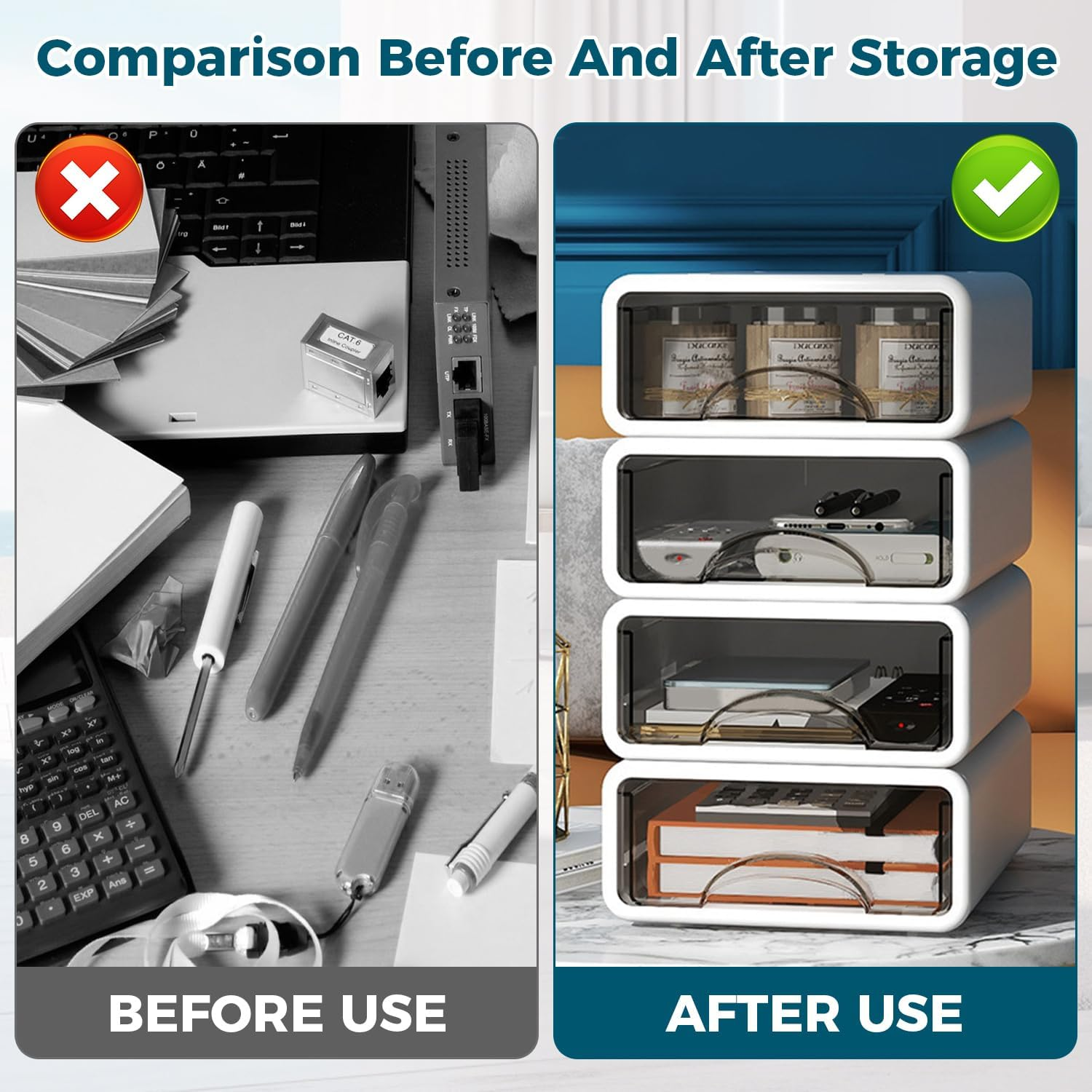 DAWNTREES Stackable Office Storage Box with Drawers｜ Desk Storage Box with 4 Drawers｜Organize Desk Accessories Plastic Desktop Storage Box，Desk Accessories (4S) image number 6