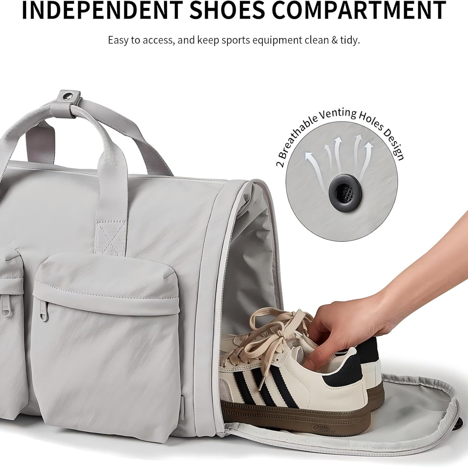 AJI Gym Bag for Women Men with Shoes Compartment, 3 in 1 Carry on Travel Duffel Bags with Trolley Sleeve, Water Resistant Gym Duffel Bag for Travel, Sports, Fitness & Workout (Elegant Gray) image number 6