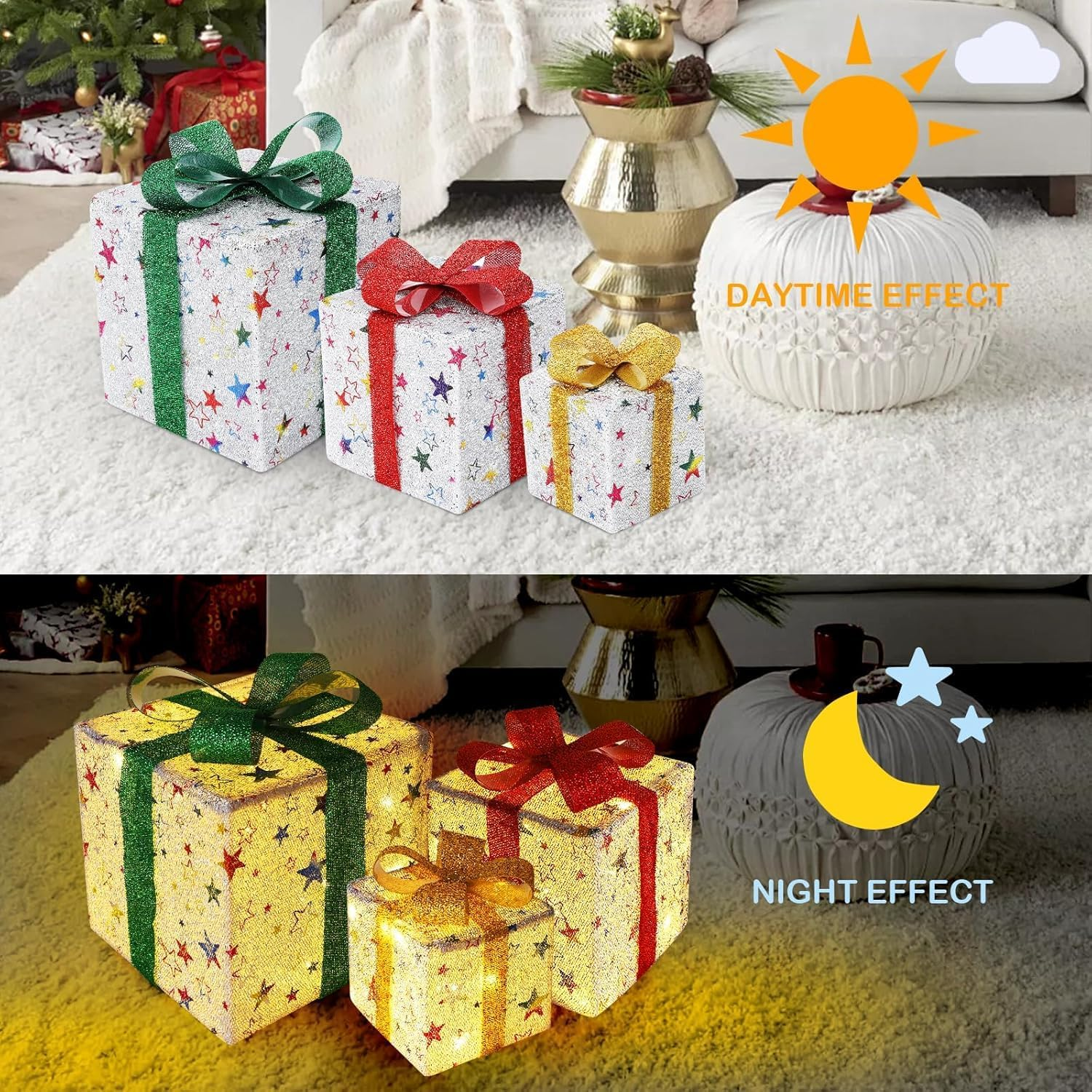 Christmas Lighted Gift Boxes Decorations, Indoor Outdoor Decorations, 3Pcs Gift Box 3D Decoration Water Resistant for Yard, Porch, Party, Christmas Tree