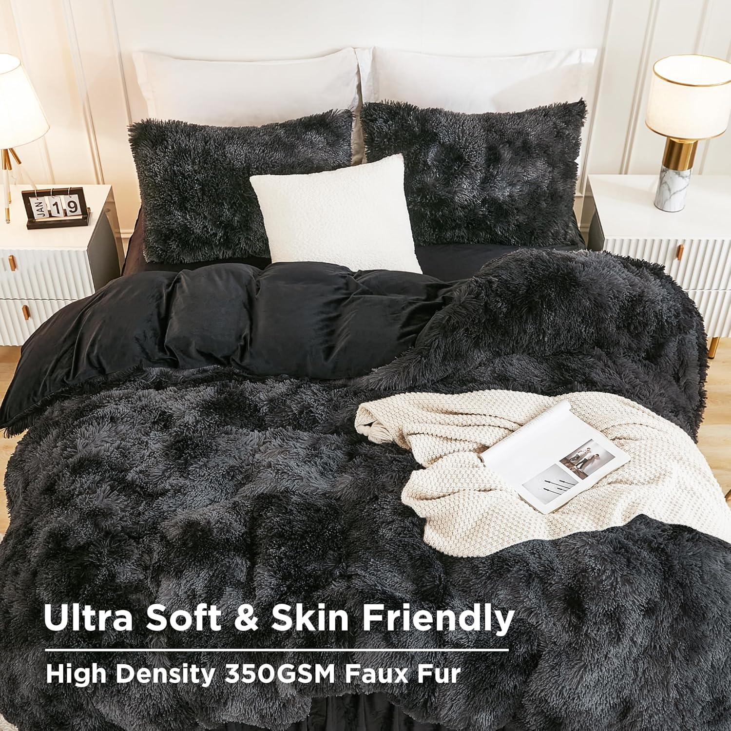 Andency Faux Fur Tie-Dyed Black Grey Comforter for Queen Size Bed, 3 Pieces Fluffy Fuzzy Plush Bedding Set (1 Shaggy Velvet Comforter & 2 Pillowcases), Soft Puffy down Bedding Set image number 6