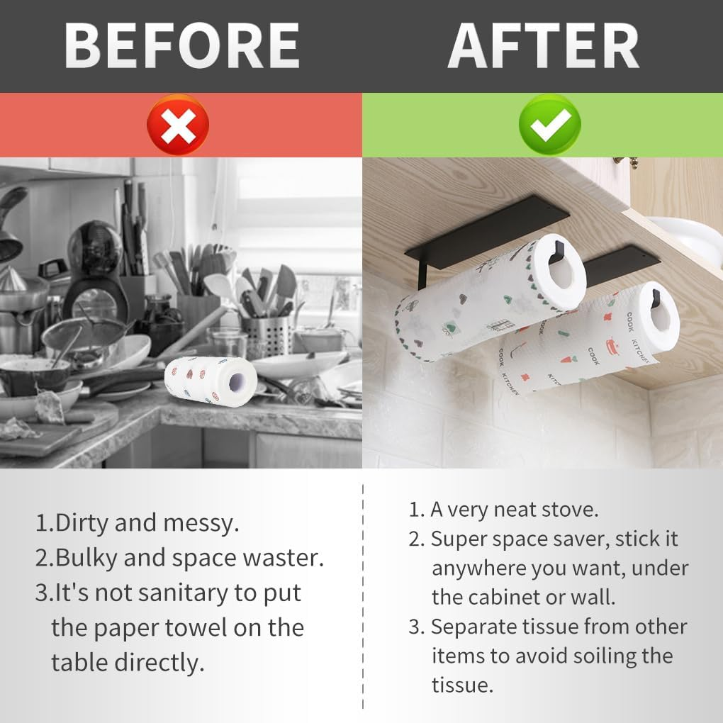 Vivva Self-Adhesive Paper Towel Holder - under Cabinet and Wall-Mounted Kitchen Rack, Carbon Steel for Bathroom (Black) - Black image number 1