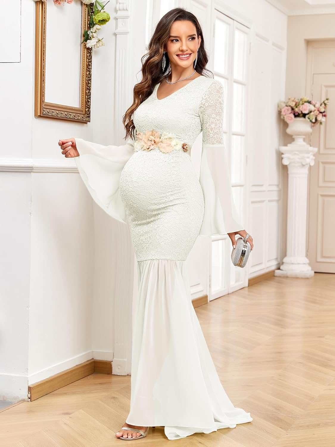 Maternity Dress Baby Shower Long Bell Sleeve Floral Lace Contrast Chiffon V-Neck Mermaid Pregnancy Photoshoot Gown image number 7