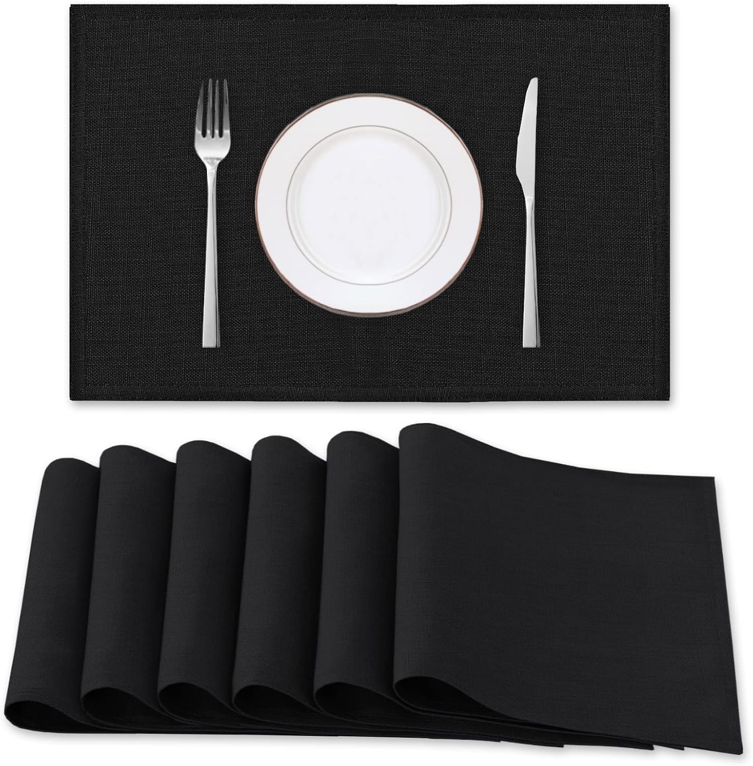 Linen Placemats for Dining Table,Rectangular Placemat Set of 6 Spill-Proof Waterproof & Heat Resistanttable Mats for Kitchen Washable Solid Table Mats, Black, 46X30Cm image number 5