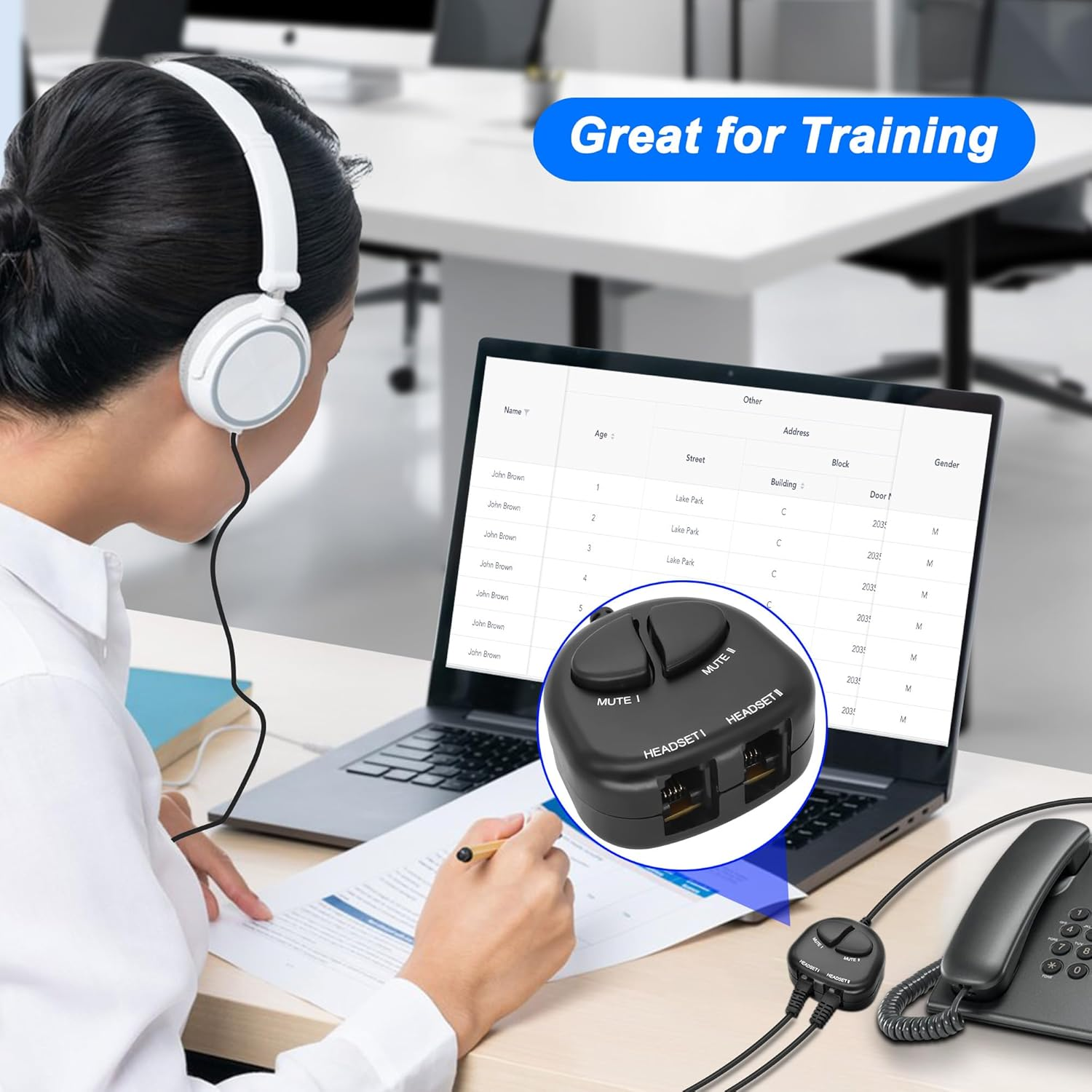 XMSJSIY RJ9 Telephone Training Adapter Headset Splitter 4P4C Phone Line Jack Y Splitter Adapter Cable with 2 Mute Buttons for Call Center -30CM/11.8INCH (2 Mute) image number 4