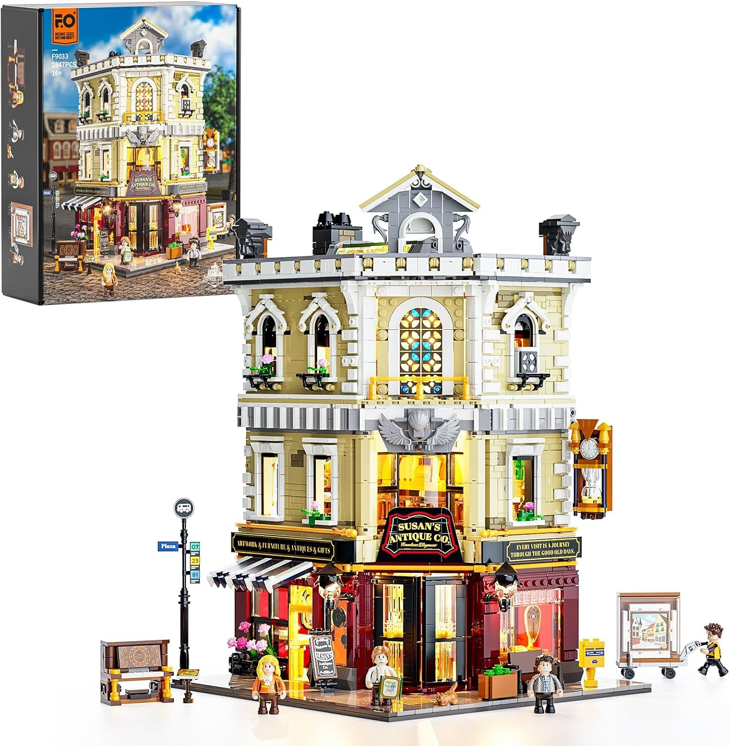 FUNWHOLE Antique Shop Lighting Building Block Set - City Life Corner Shop LED Light Construction Kit Model Set 2847 Pieces for Adults and Teenagers image number 4