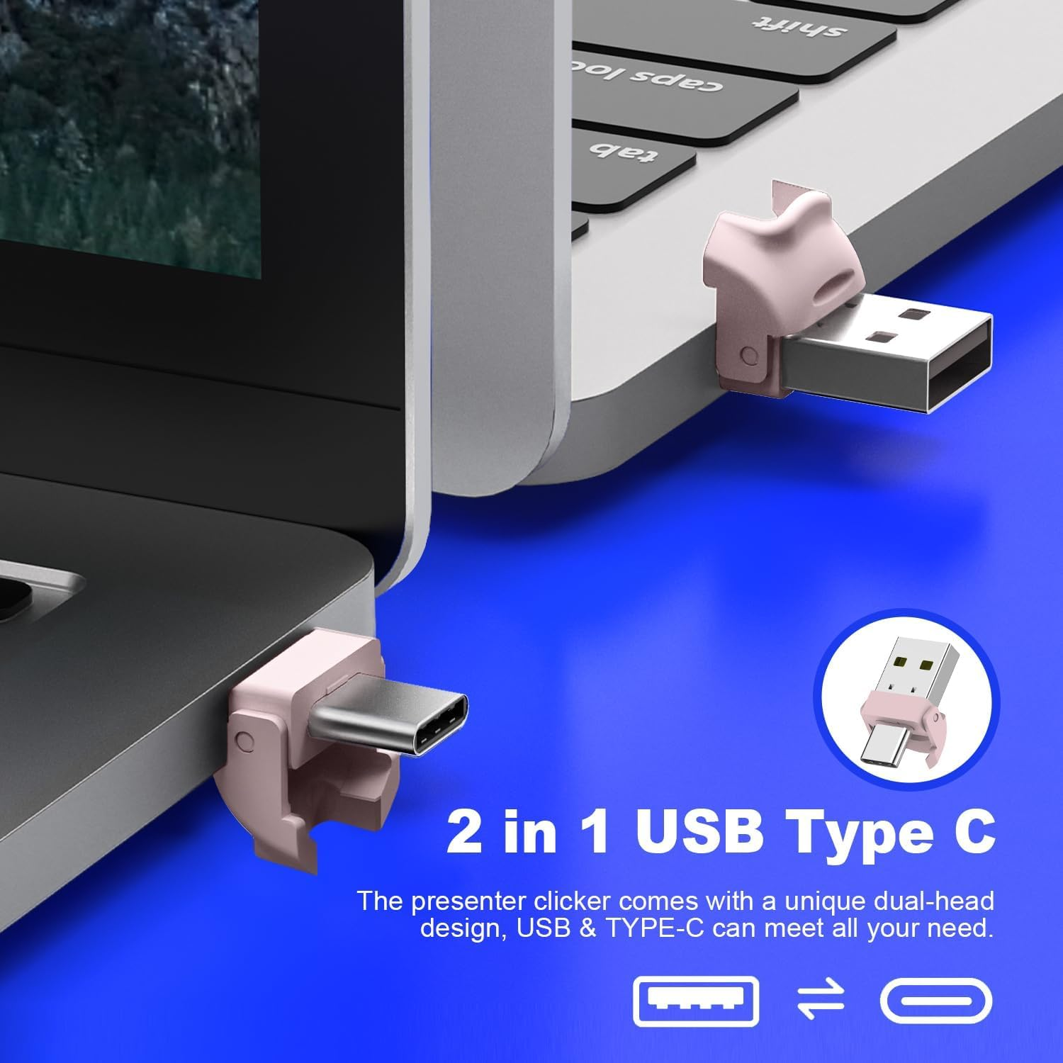 USB Type C Wireless Presenter Remote Presentation Clicker, Volume Control Powerpoint Clicker with Red Pointer Long Range PPT Clicker Slide Advancer for Mac PC Laptop Computer (Pink)