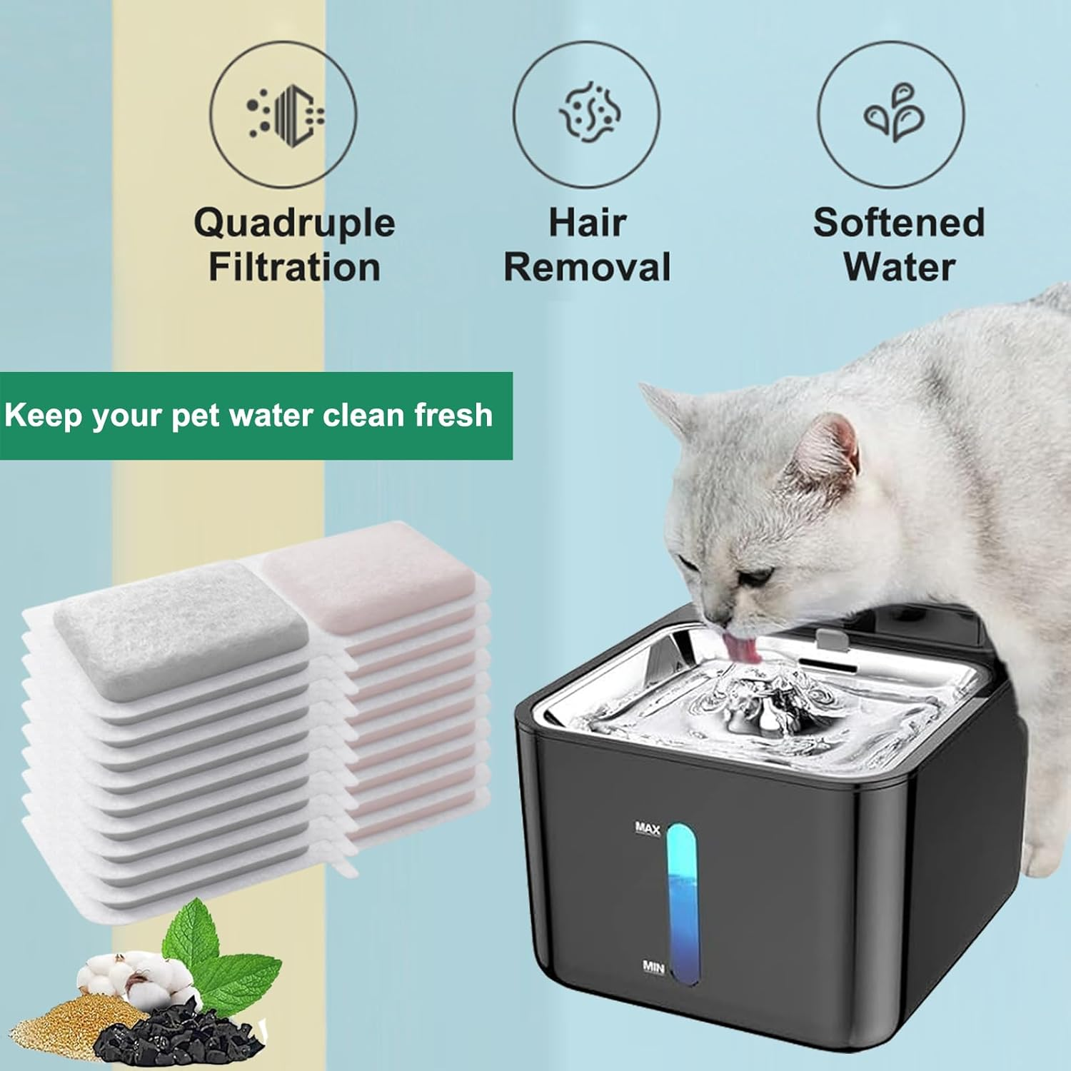 Hantoc Pack of 20 Replacement Filters for Drinking Fountains, Cat Fountains, 10 Pieces Carbon Filters and 10 Pieces Foam Filters for 3.2 L Battery Operated Cat Water Fountain P08 Replacement Filter image number 3