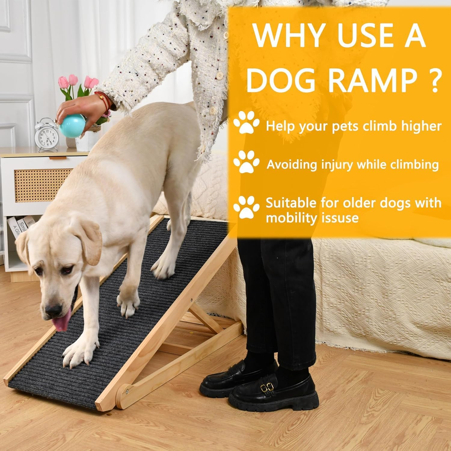 Folding Dog Ramp 4 Levels Adjustable Wooden Portable Cats Ramp with Non Slip Carpet Surface for Bed Car Couch SUV (XL) image number 2