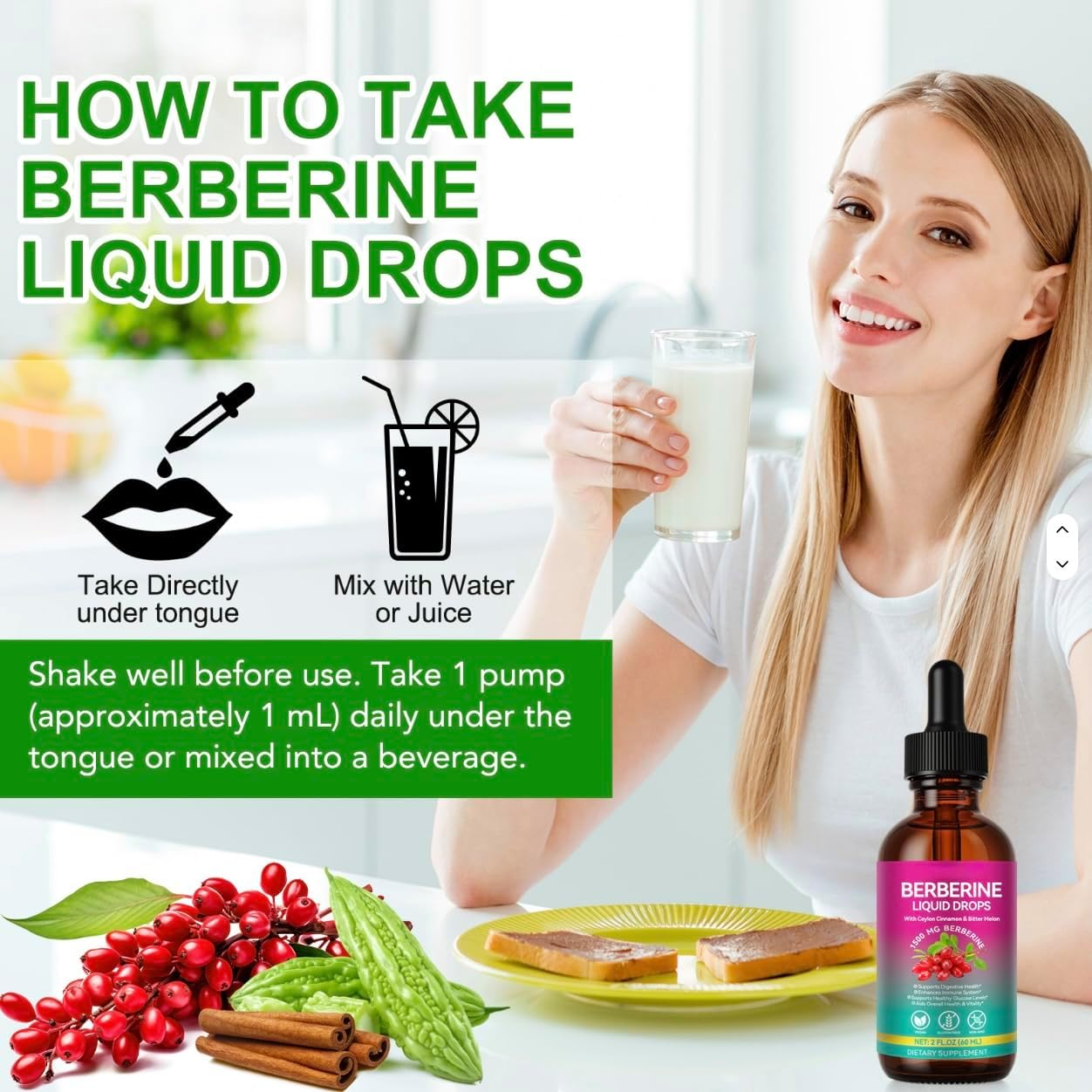 Berberine Liquid Drops 1500Mg &ndash; Plant-Based 10-In-1 Herbal Formula with Ceylon Cinnamon, Bitter Melon & Green Tea &ndash; Vegan, Non-Gmo, Gluten-Free &ndash; 60Ml Daily Wellness Supplement image number 2