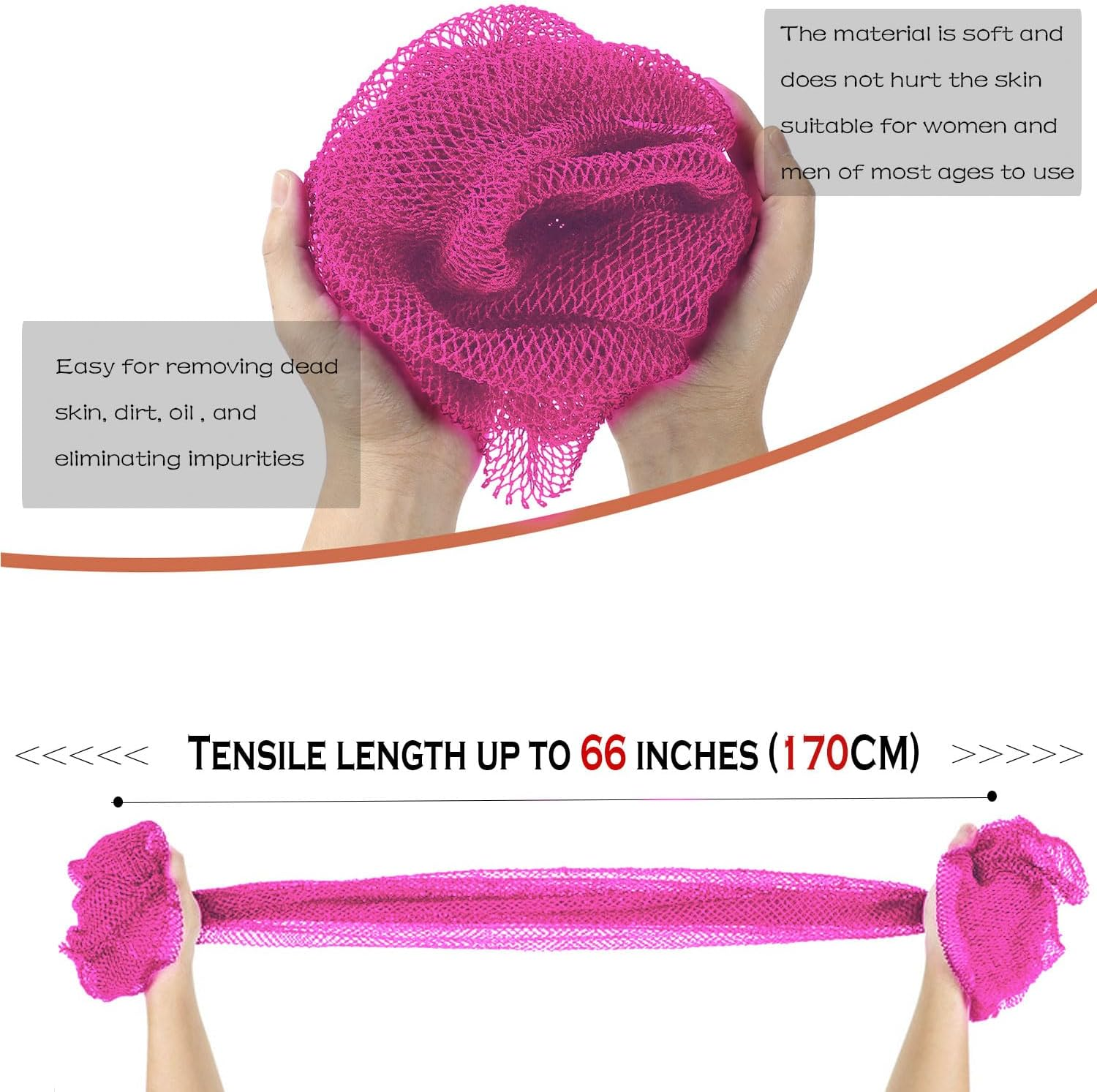 African Net Long Bath Net Sponge,Jassins African Bathing Body Exfoliating Net Shower Body/Back Scrubber Skin Smoother,Stretch Length to 66 INCH (Pink) image number 3