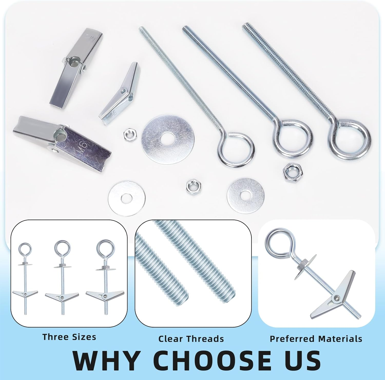 Glarks 18Pcs M4 M5 M6 O-Shaped Eye Bolt Toggle Anchors Set for Drywall, Toggle Bolts, Butterfly Anchors, Spring Toggle Wing Bolts for Ceiling, Sheetrock, Hollow Wall image number 4