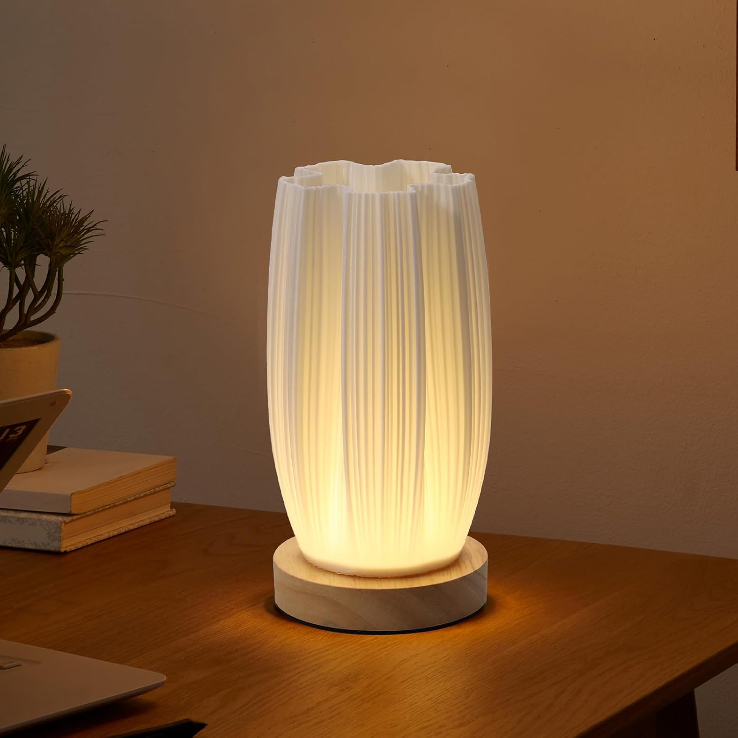 Table Bedside Lamp with Woodbase, Versatile Touch Control Table Lamp for College Dorm, Nightstand PLA Lampshade Living Room Bedroom (Black)