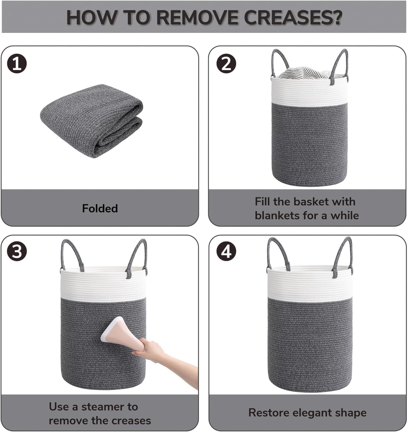 Large Laundry Hamper, Cotton Rope Storage Bin, Tall Woven Laundry Basket for Clothes and Toys, Blanket Storage, Basket for Living Room, Baby Nursery, Bathroom and Bedroom (Grey) - Grey image number 4