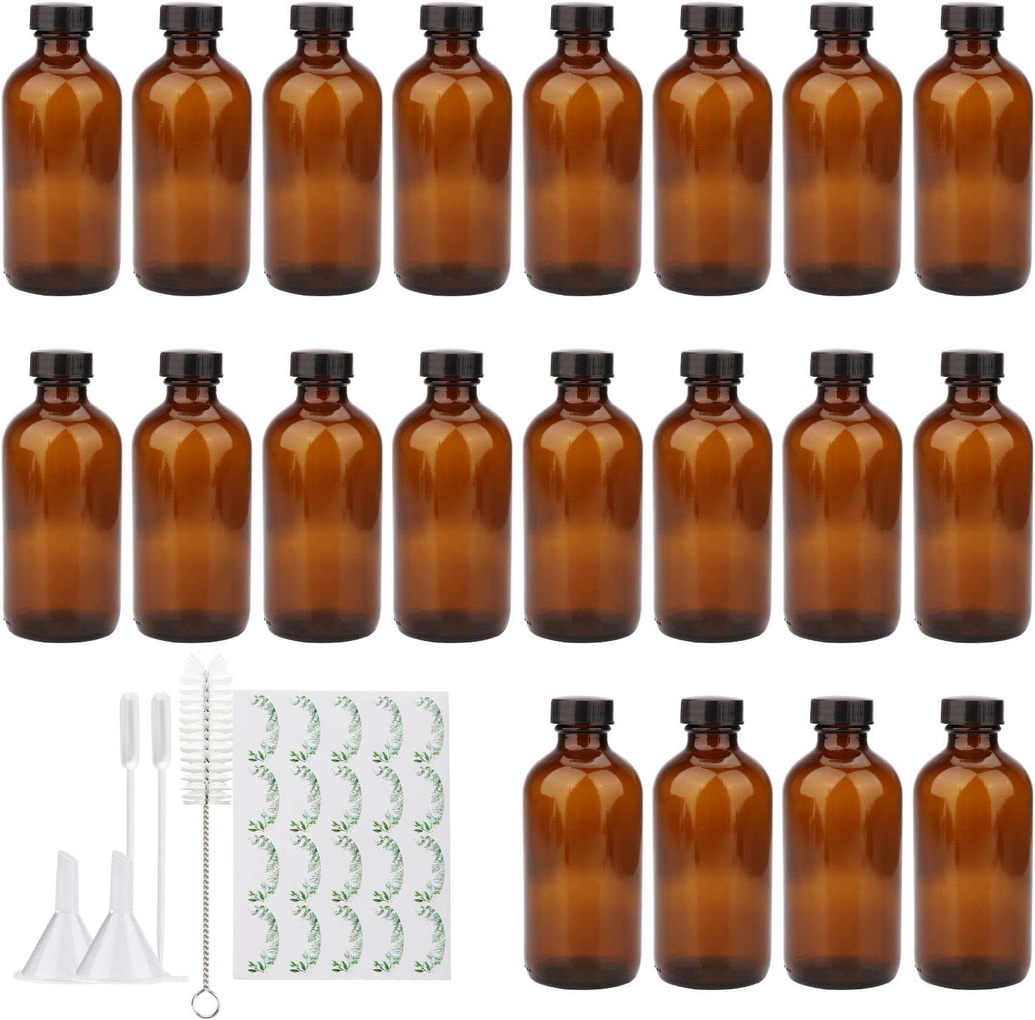 Maredash 8Oz Amber Glass Bottles, 20 Pack Glass Storage Bottles with Black Lids (Brown, 20 Labels, with Funnels, Droppers and Brush) image number 3