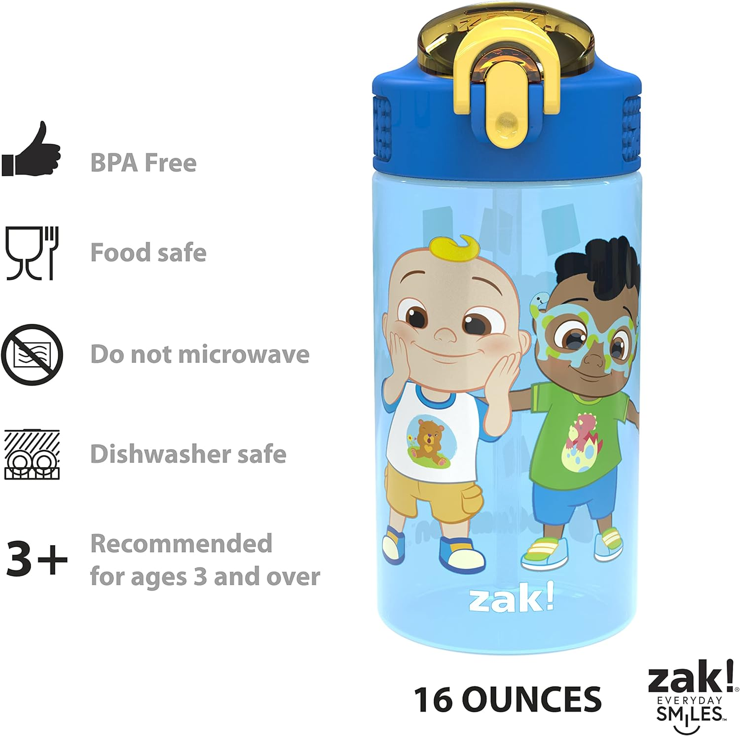 Zak Designs Cocomelon Kids Water Bottle with Spout Cover and Built-In Carrying Loop, Made of Durable Plastic, Leak-Proof Water Bottle Design for Travel (16 Oz, Pack of 2) image number 6