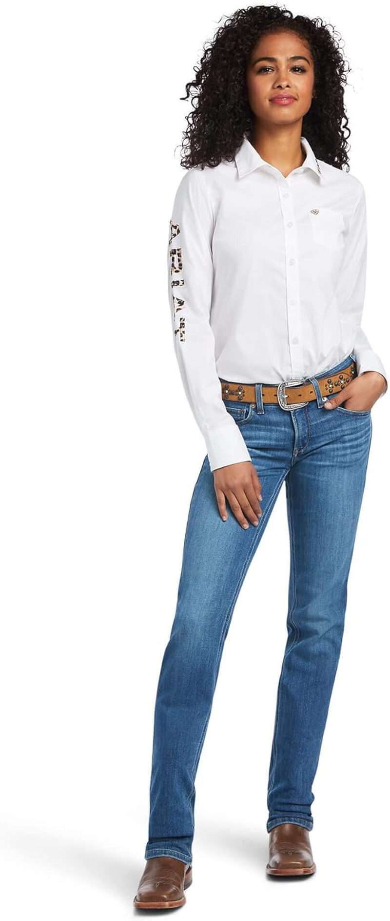 ARIAT Women'S WMS Team Kirby Str Ls Shrt Wht/Lprd Lg, White W/Leopard Logo image number 1