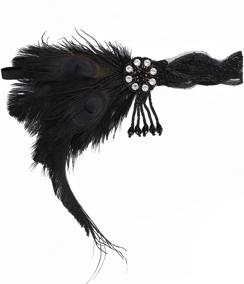 Aoozleny 1920S Feather Headwear, Beaded Fringe Rhinestone Headpiece, Roaring 20S Great Gatsby Headpiece Hair Accessories for Women