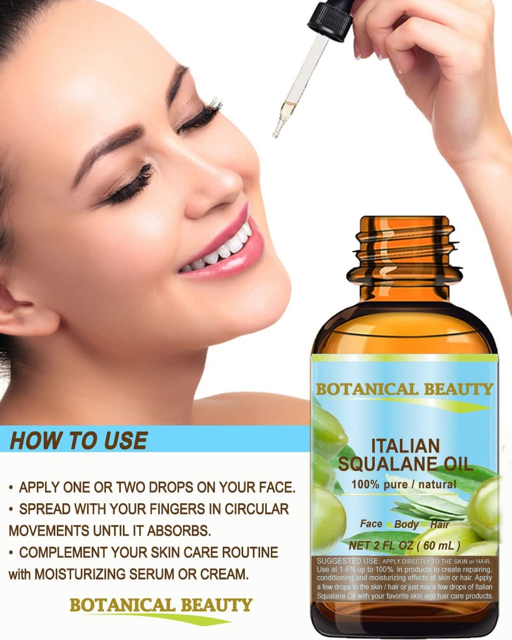 SQUALANE Italian. 100 Pure / Natural / Undiluted Oil. 100 Ultra-Pure Moisturiser for Face , Body & Hair. Reliable 24/7 Skincare Protection. 1 Fl.Oz- 30Ml. by Botanical Beauty. image number 1
